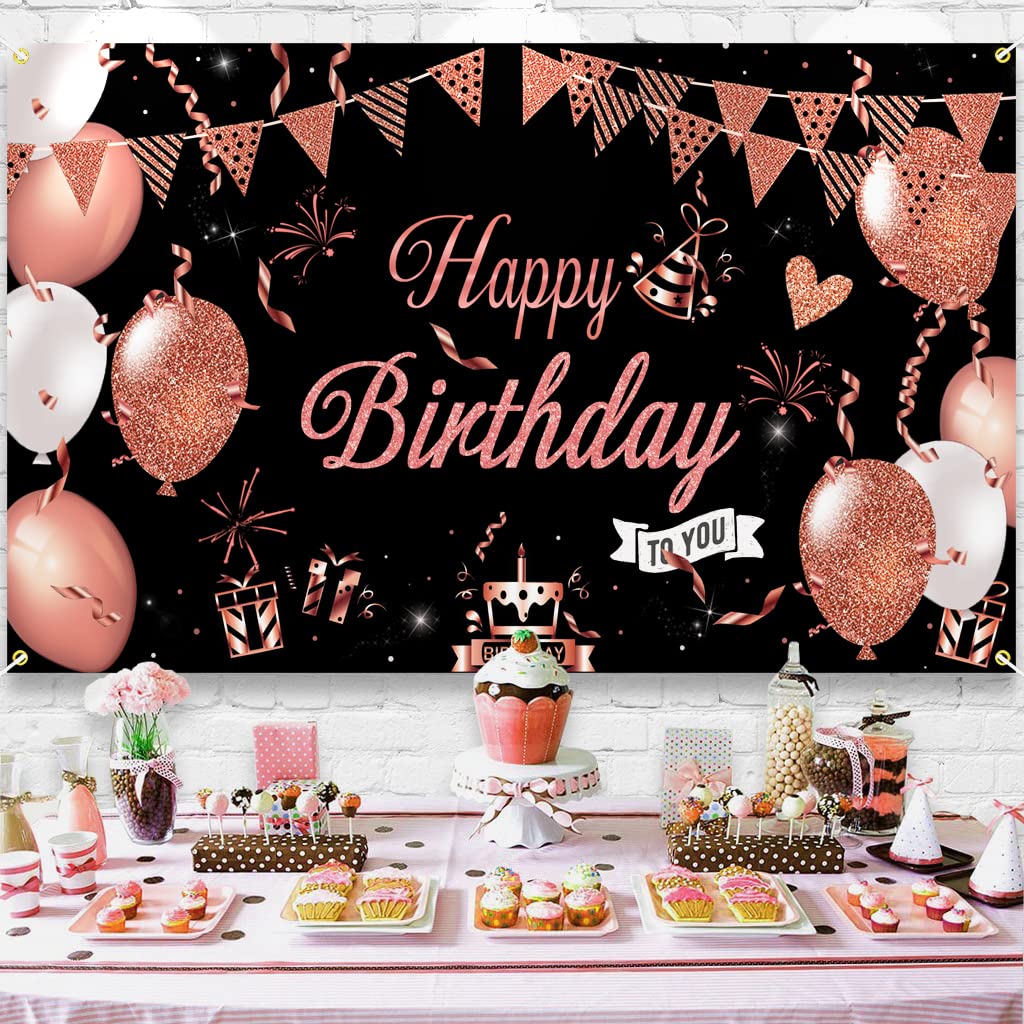 KOKAR Large Black & Rose Gold Happy Birthday Banner - Elegant Birthday Party Decorations for Girls & Women | Perfect for Birthday Backdrops, Wall Decor & Party Photo Booths
