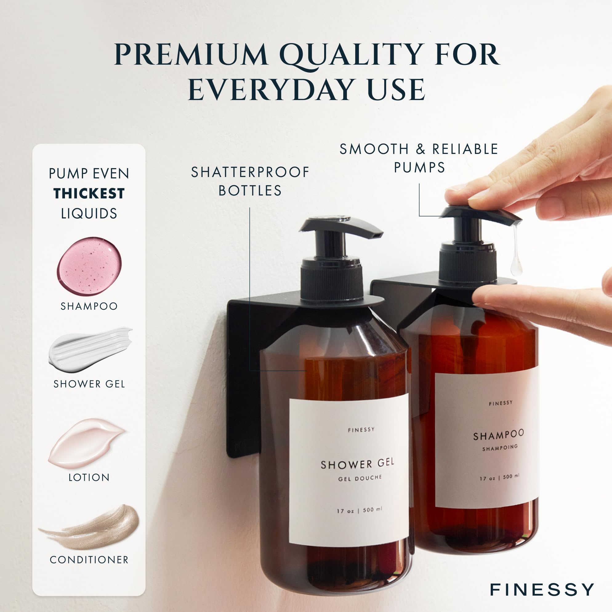 Refillable 3-Chamber Shampoo, Conditioner & Body Wash Dispenser with Pump - No Drill Wall Mount for Bathroom & Shower - Labeled Containers for Easy Refilling - Perfect for Spa, Gym & Home Use