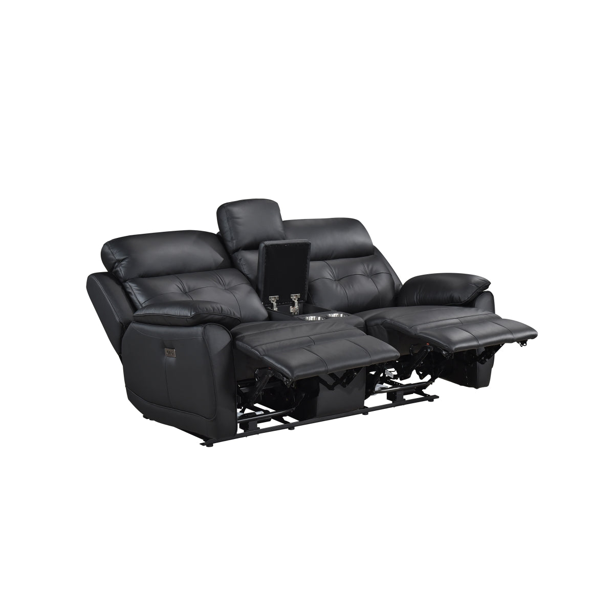Premium Black Leather Power Reclining Loveseat with USB Charging Ports - Modern Living Room Furniture for Movie Nights & Home Theater Comfort