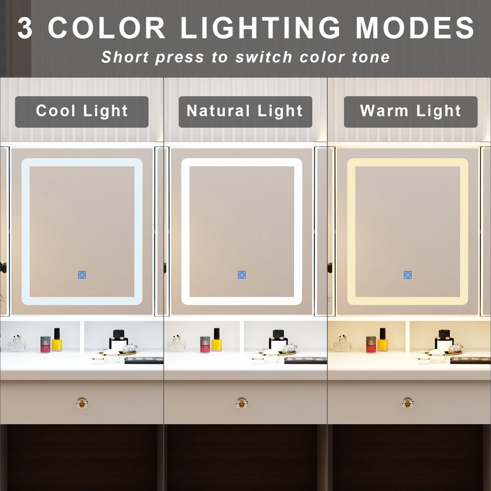 MOUMON White Makeup Vanity Desk with LED Lights & Crystal Handles - 43.3