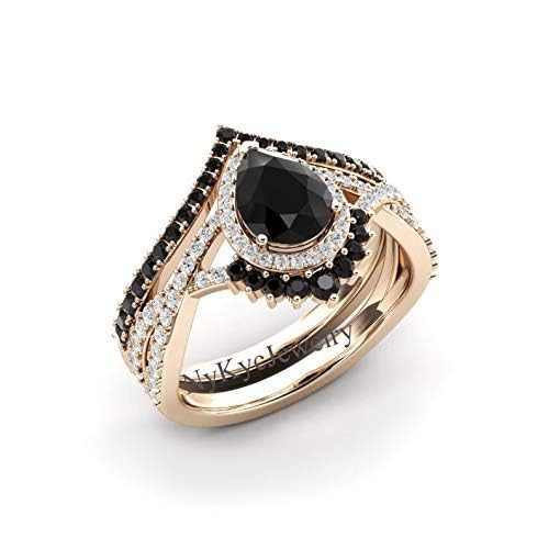 Natural Black Onyx Ring - 18k Rose Gold & 925 Sterling Silver Women's Jewelry - Pear Shaped Onyx with CZ Diamond Accents - Elegant Gemstone Ring for Valentine's Day Gifts, Anniversary or Special Occasions - Perfect for Date Nights, Weddings and Formal Events