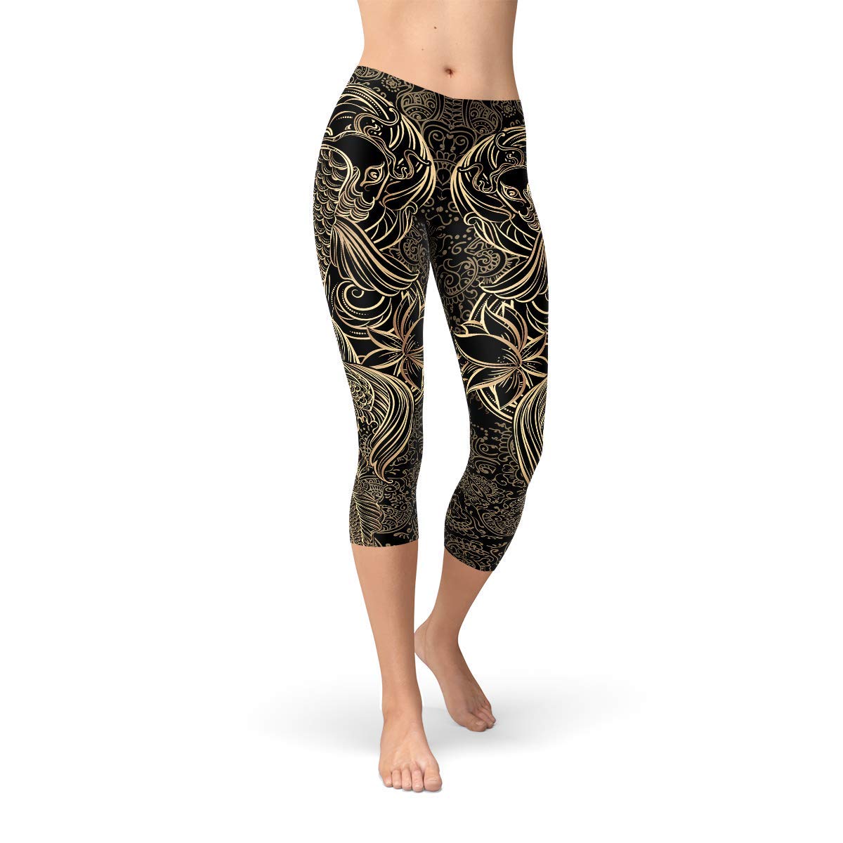 Japanese Koi Fish Tattoo Print Capri Leggings - Mid Waist Calf-Length Black Yoga Pants for Women | Perfect for Yoga, Gym, Lounge & Casual Wear