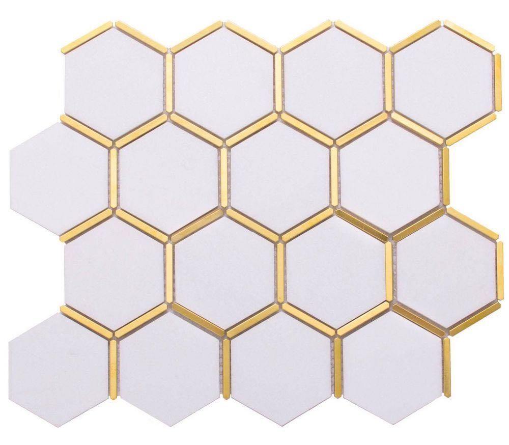Premium Inlay Brass Gold Hexagon White Tile - Elegant Mosaic for Bathroom, Kitchen Backsplash & Flooring Decor