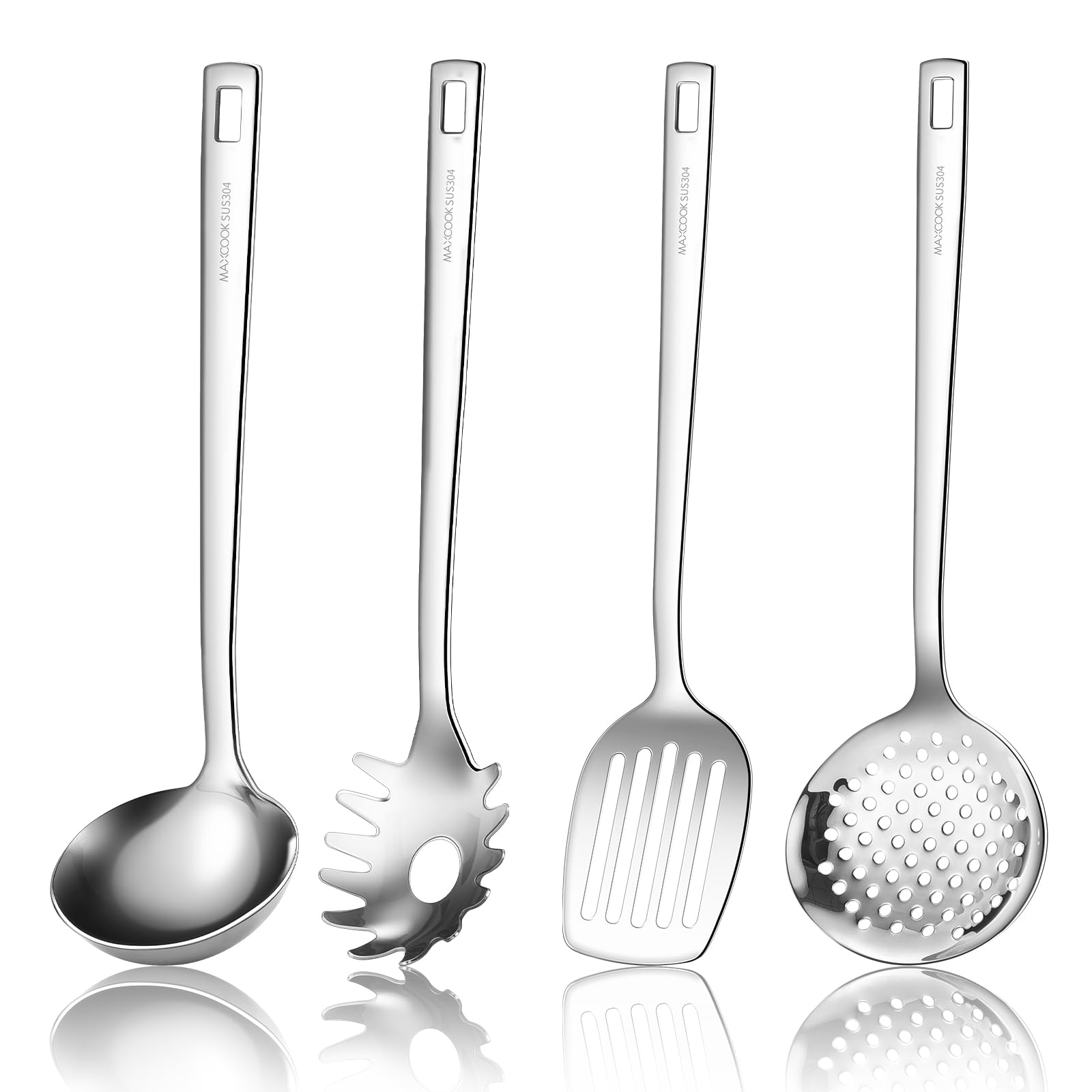 Premium Stainless Steel Cooking Utensils Set - 6-Piece Kitchen Tool Collection with Soup Ladle, Spaghetti Server, Slotted Turner & Skimmer - Mirror Polished & Dishwasher Safe - Ideal for Wok Cooking, Stir-Frying & Serving Pasta