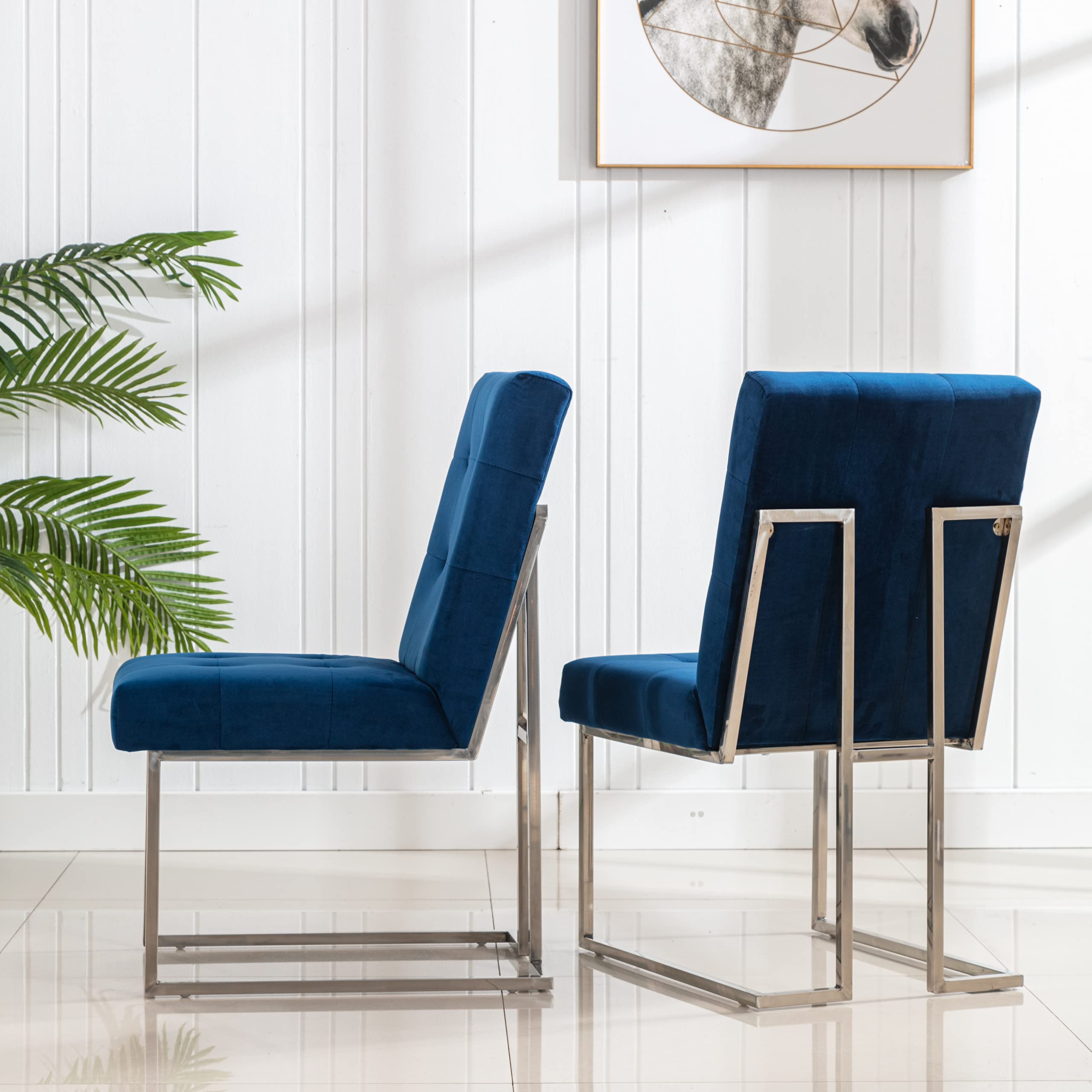 Tufted Velvet Upholstered Dining Chairs Set of 2 - Modern Velvet Armless Accent Chairs with Chrome Legs for Living Room, Kitchen, Dining Room - Blue Velvet Chairs for Home Decor & Entertaining (UC-16B)