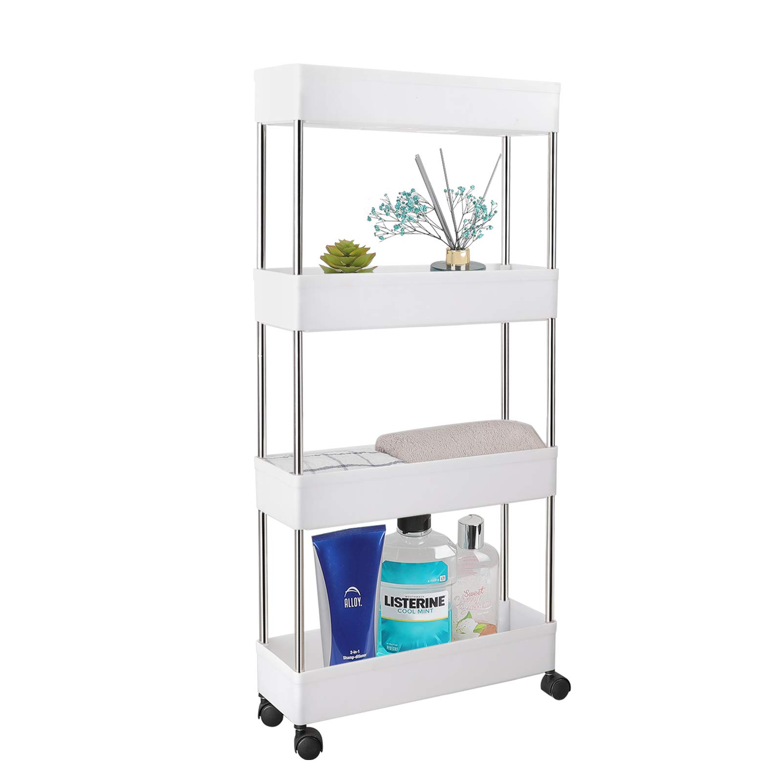 4-Tier Slim Rolling Storage Cart with Wheels - Mobile Utility Organizer for Bathroom, Kitchen, Office & Laundry - Space-Saving Plastic & Stainless Steel Shelving Unit - Perfect for Small Spaces, Closets & Narrow Areas (White)
