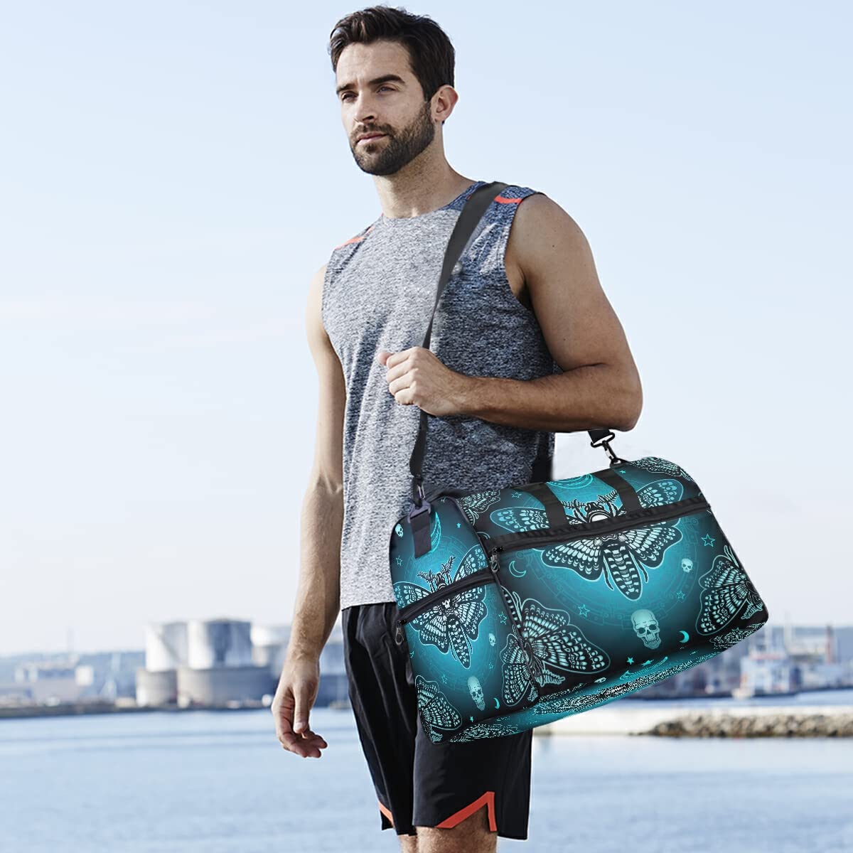 Butterfly Skull Blue Duffle Bag for Gym, Travel & Sports - Adjustable Strap Carry-On Overnight Bag for Men & Women - Perfect for Workouts, Weekend Trips & Air Travel