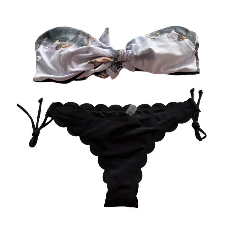 Sexy Leopard Print Bikini Set for Women - Strapless Push Up Swimsuit with Front Lace Up & Ruffled Bow Details - Thong Swimwear for Beach Vacation & Pool Party