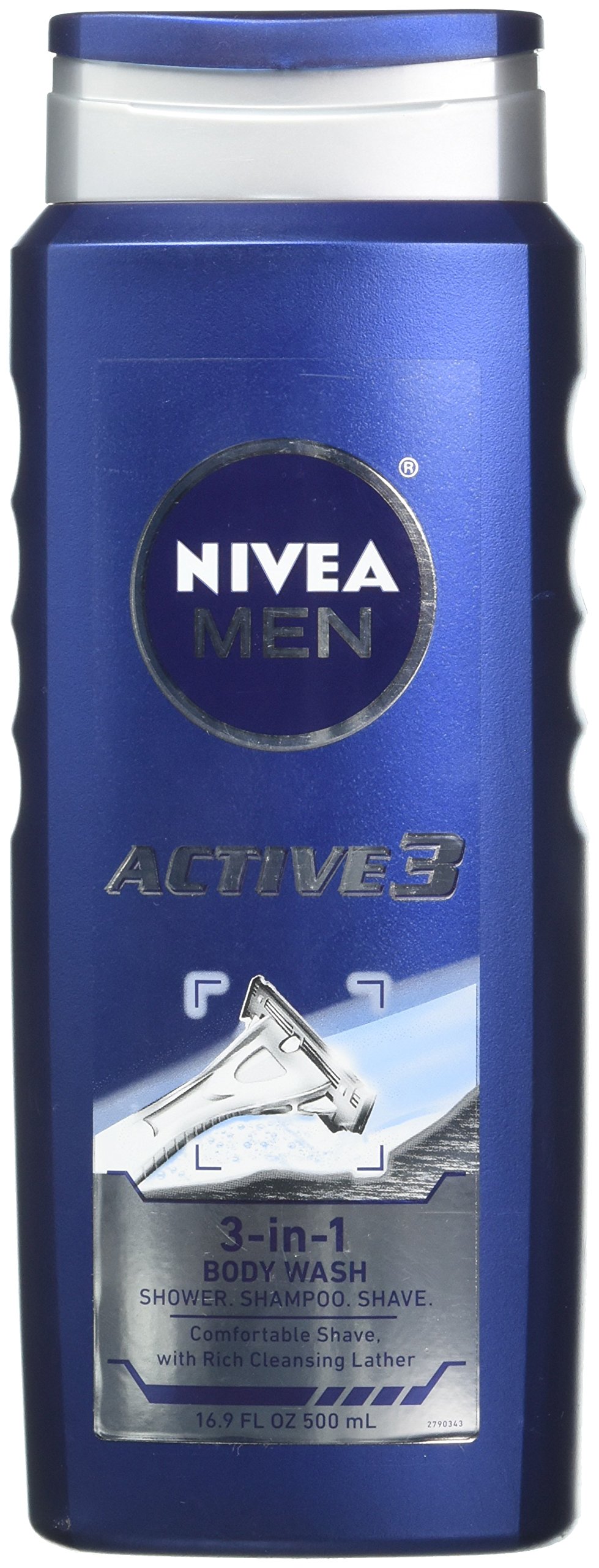 NIVEA FOR MEN Active 3 Body Wash 16.9 oz (Pack of 6) - Refreshing Shower Gel for Men with 48-Hour Odor Protection - Perfect for Gym, Sports & Daily Use