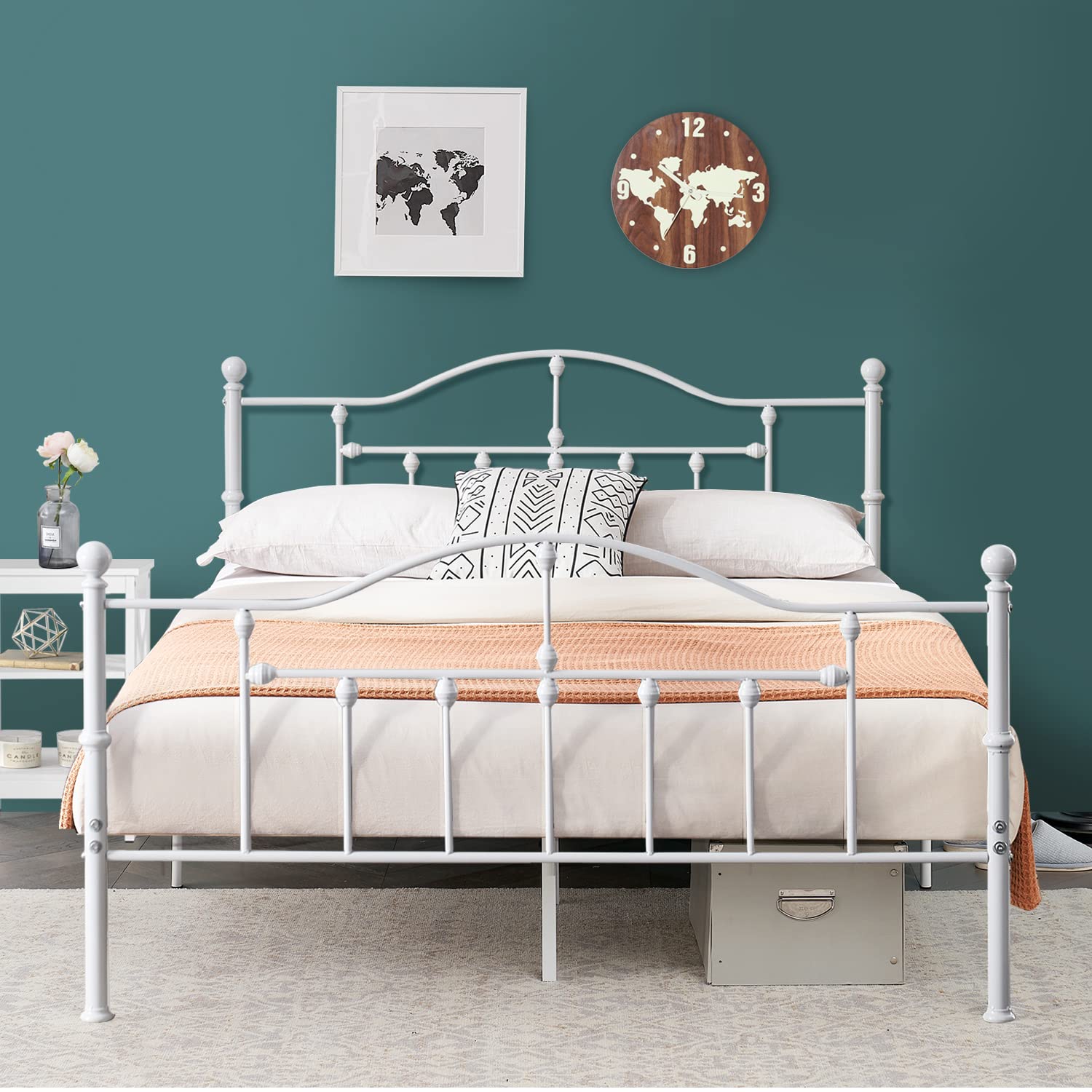 VECELO Queen Bed Frame with Headboard & Footboard - Victorian Style White Metal Platform Bed, Steel Slat Support, No Box Spring Needed, Easy Assembly - Perfect for Master Bedroom, Guest Room & Apartment Decor