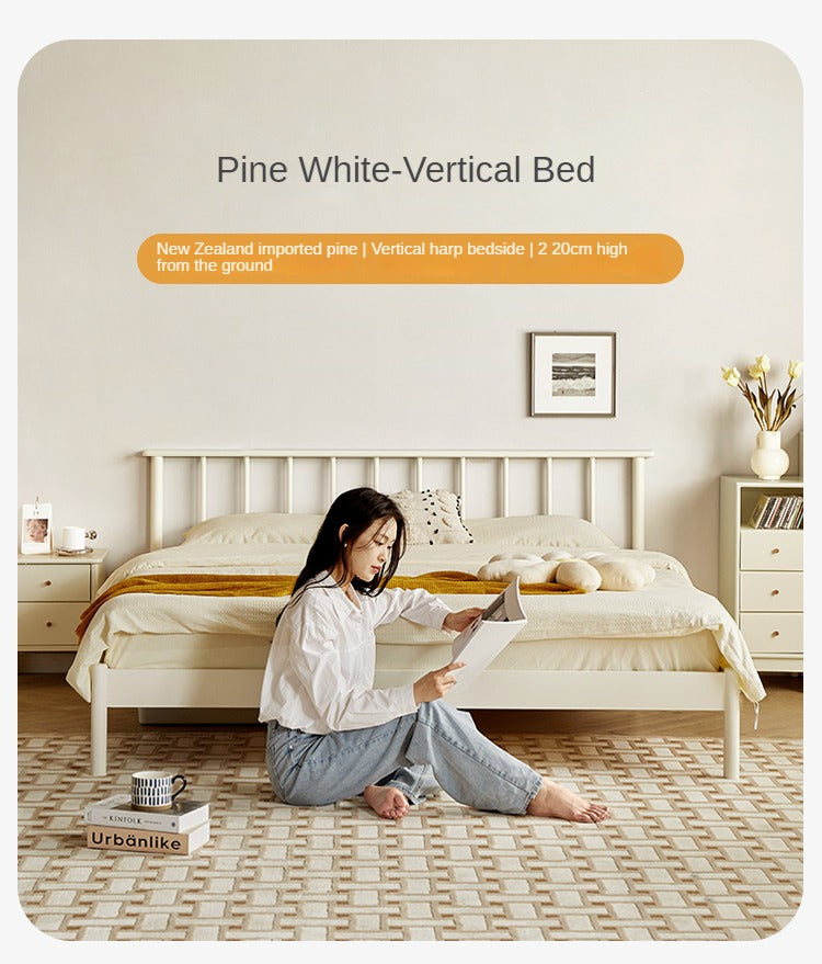 Solid Pine Wood Bed - Nordic Light Luxury White Bed Frame for Master Bedroom, Guest Room & Modern Home Decor