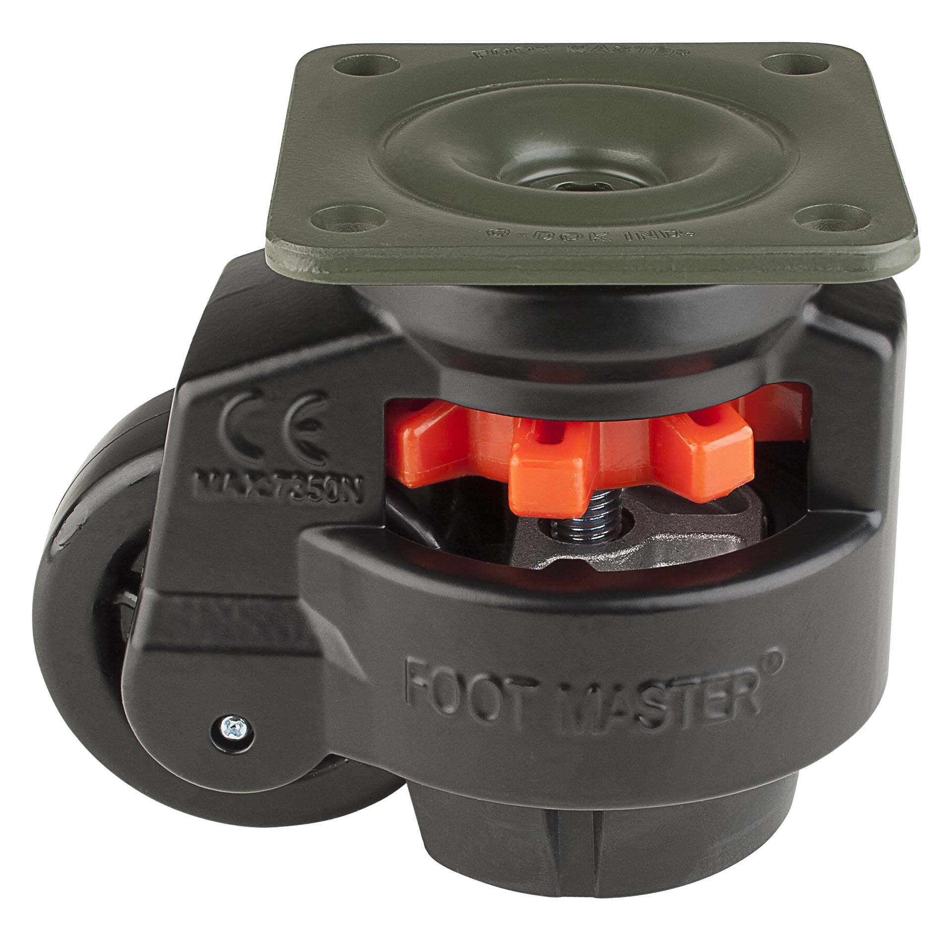 FOOT MASTER GD-100-F-NYN-FBL Heavy Duty Leveling Caster - 75mm Nylon 66 Wheel, Flat Black, Adjustable Height Foot Pad, Plate Mount Swivel Caster (800kg Capacity) - Ideal for Industrial Equipment, Workbenches, and Machinery Mobility