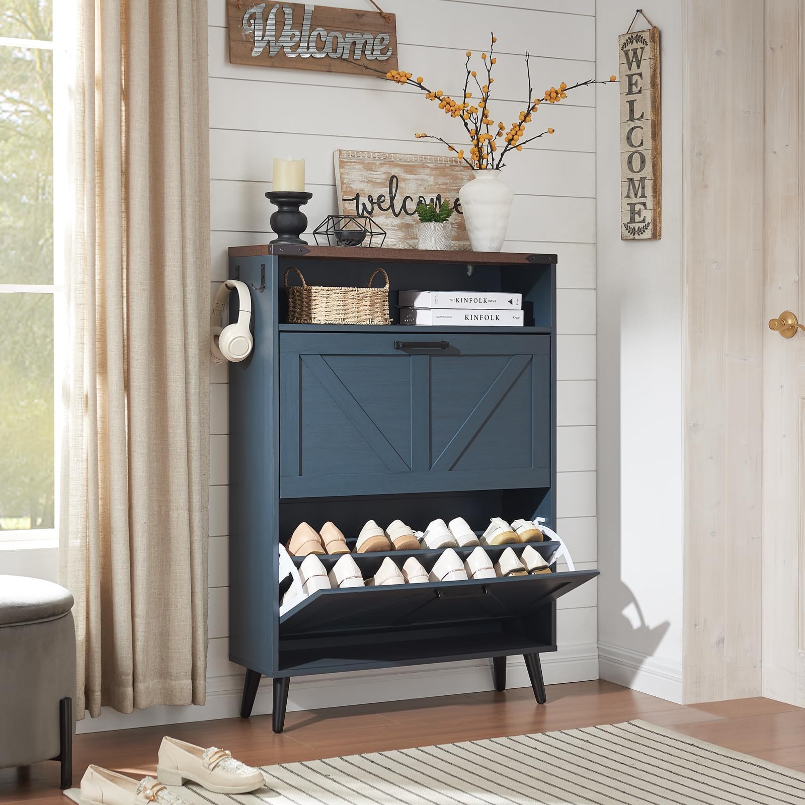 Farmhouse Shoe Storage Cabinet with 2 Flip Drawers & Barn Door Design - Freestanding Hidden Slim Narrow Shoe Rack Organizer for Entryway, Foyer, Hallway - Blue | Perfect for Small Spaces & Home Organization