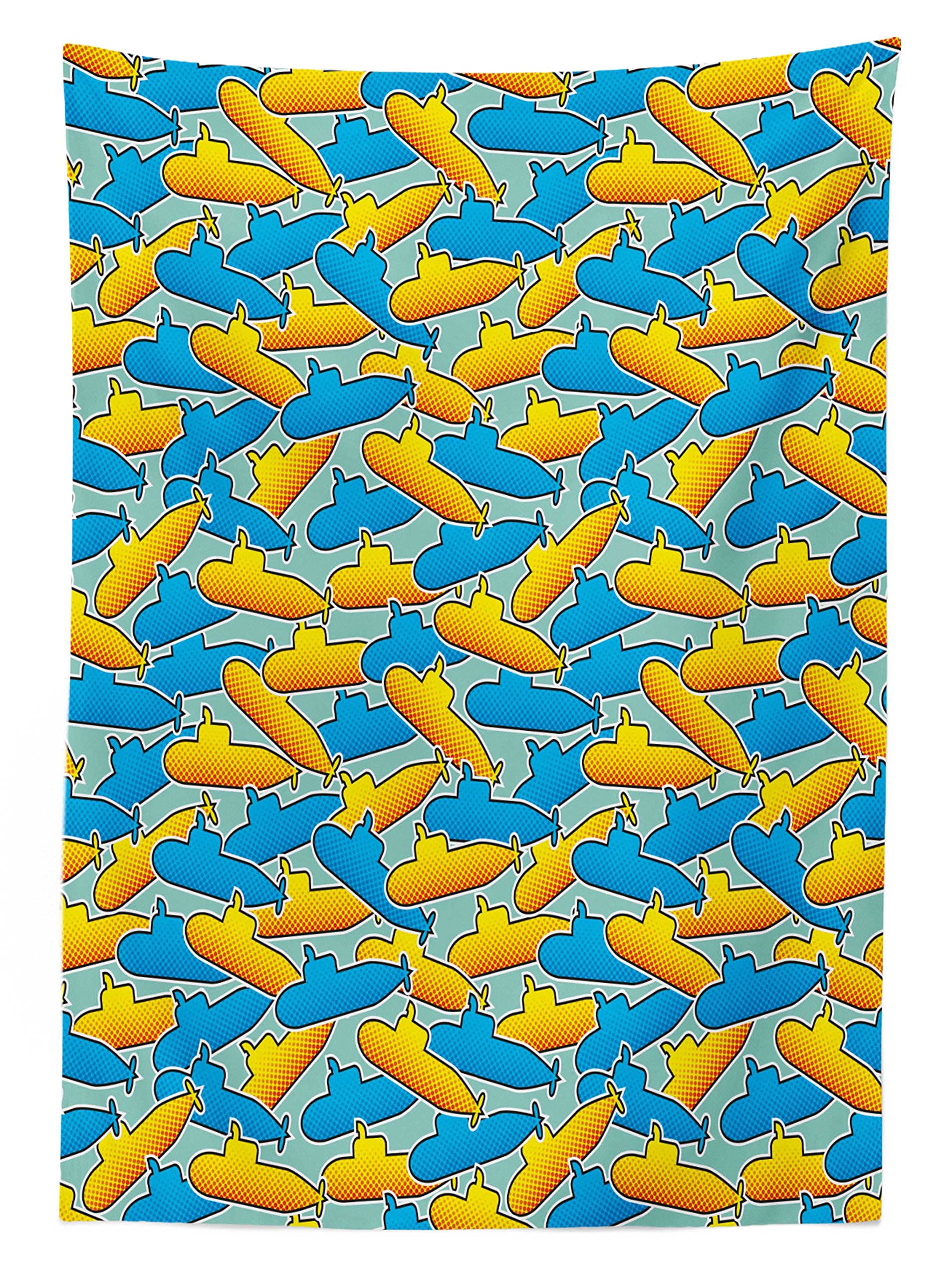 Ambesonne Yellow Submarine Waterproof Outdoor Tablecloth - Retro Pop Art Underwater Theme, Vintage Submarine Design - Washable Picnic Table Cover 58x104 Inches - Perfect for Beach Parties, BBQs & Garden Dining (Yellow & Blue)