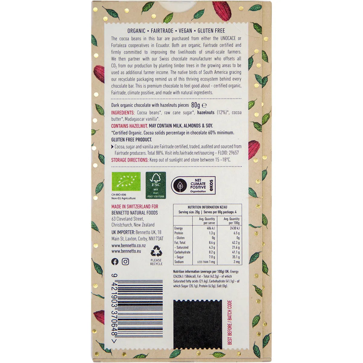 Organic Bennetto Toasted Hazelnut Dark Chocolate Bar 80g - Premium Vegan Snack for Gifts, Desserts & Healthy Treats