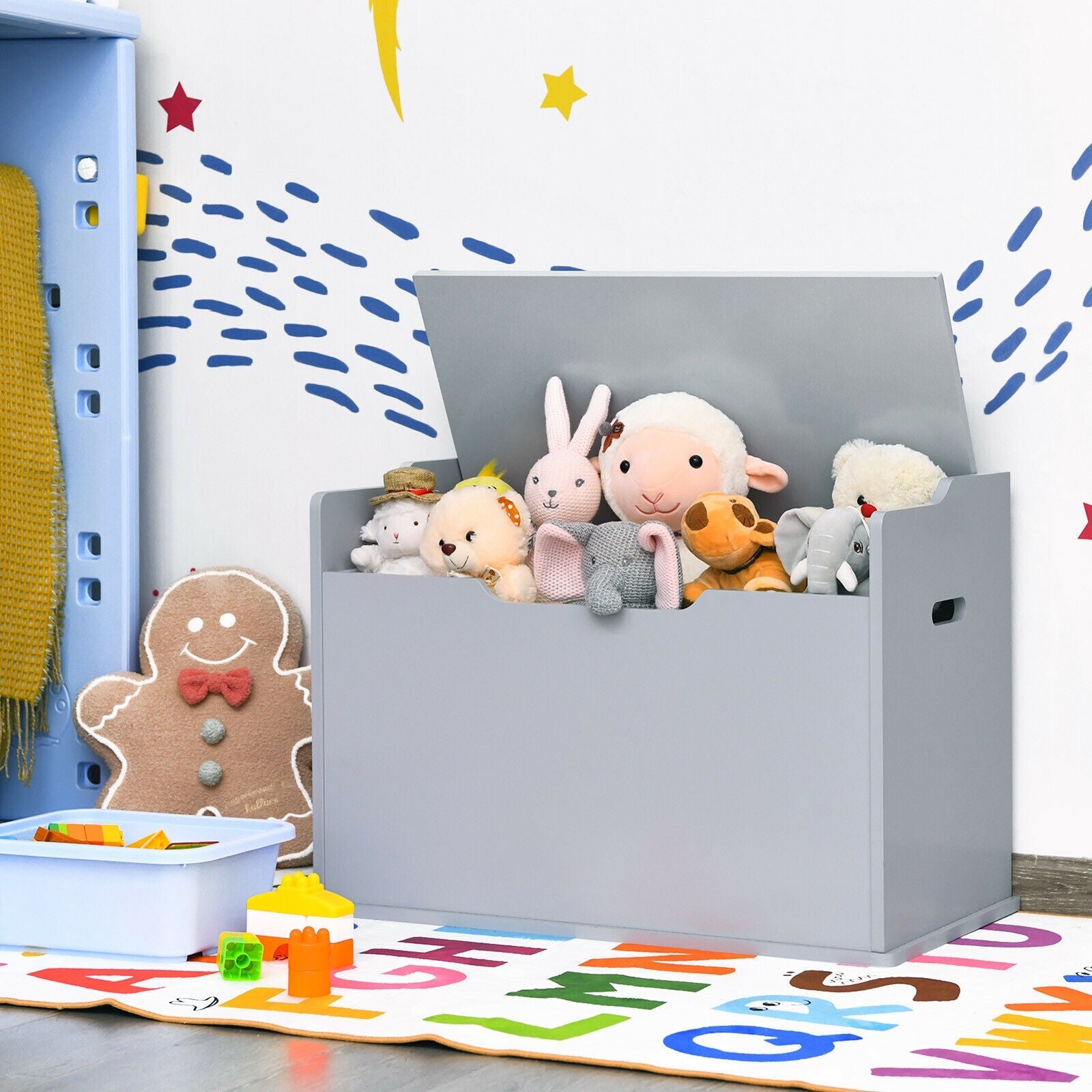 Wooden Flip Top Storage Box with Cushion - Kids Toy Chest Bench with Hinge, Gray - Perfect for Nursery, Playroom & Bedroom Organization