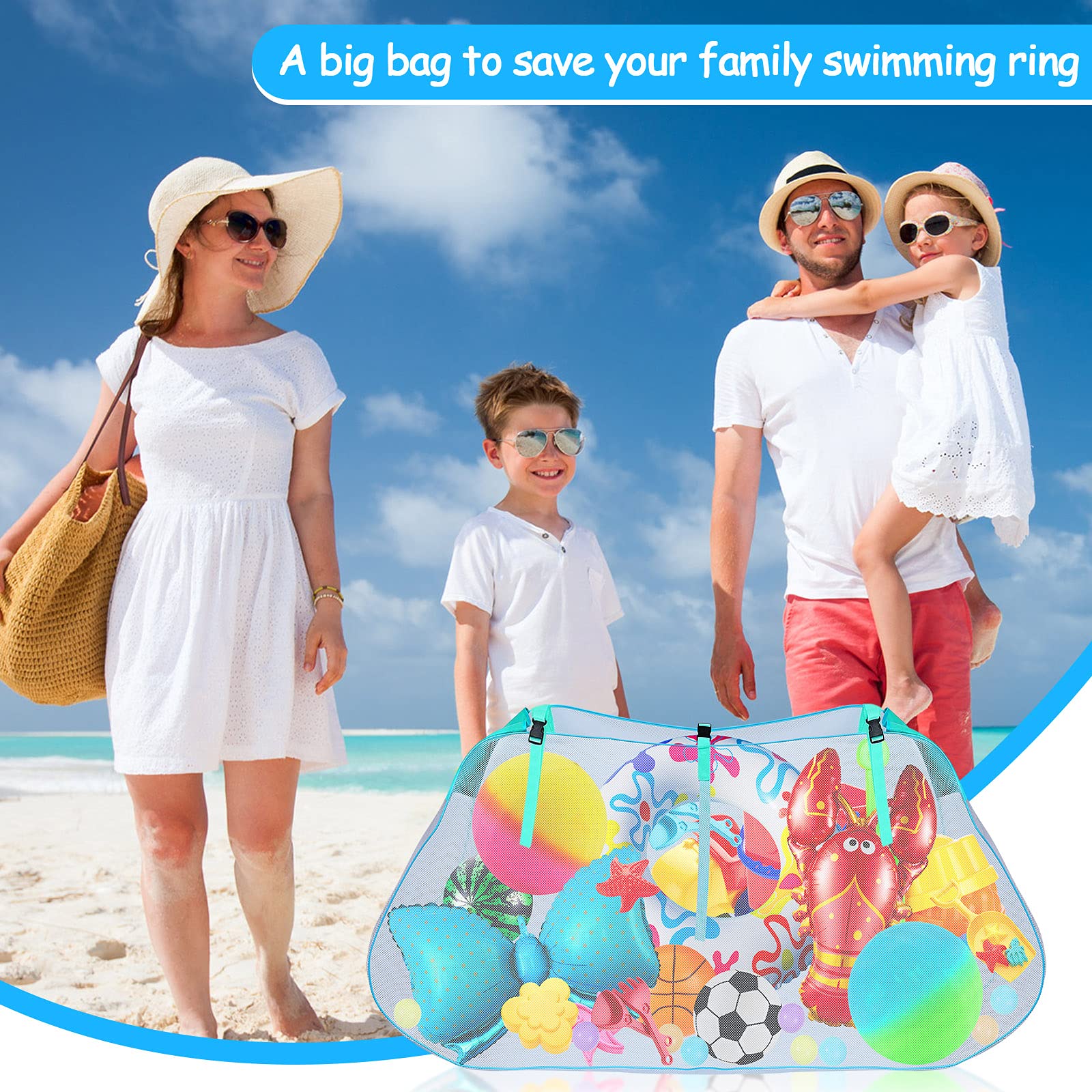 **Large Hanging Pool Toy Storage Bag - Heavy-Duty Mesh Organizer for Inflatables, Floats, Footballs, Basketballs & Garage Supplies - Perfect for Swimming Pool, Backyard & Beach (Blue-Green)**