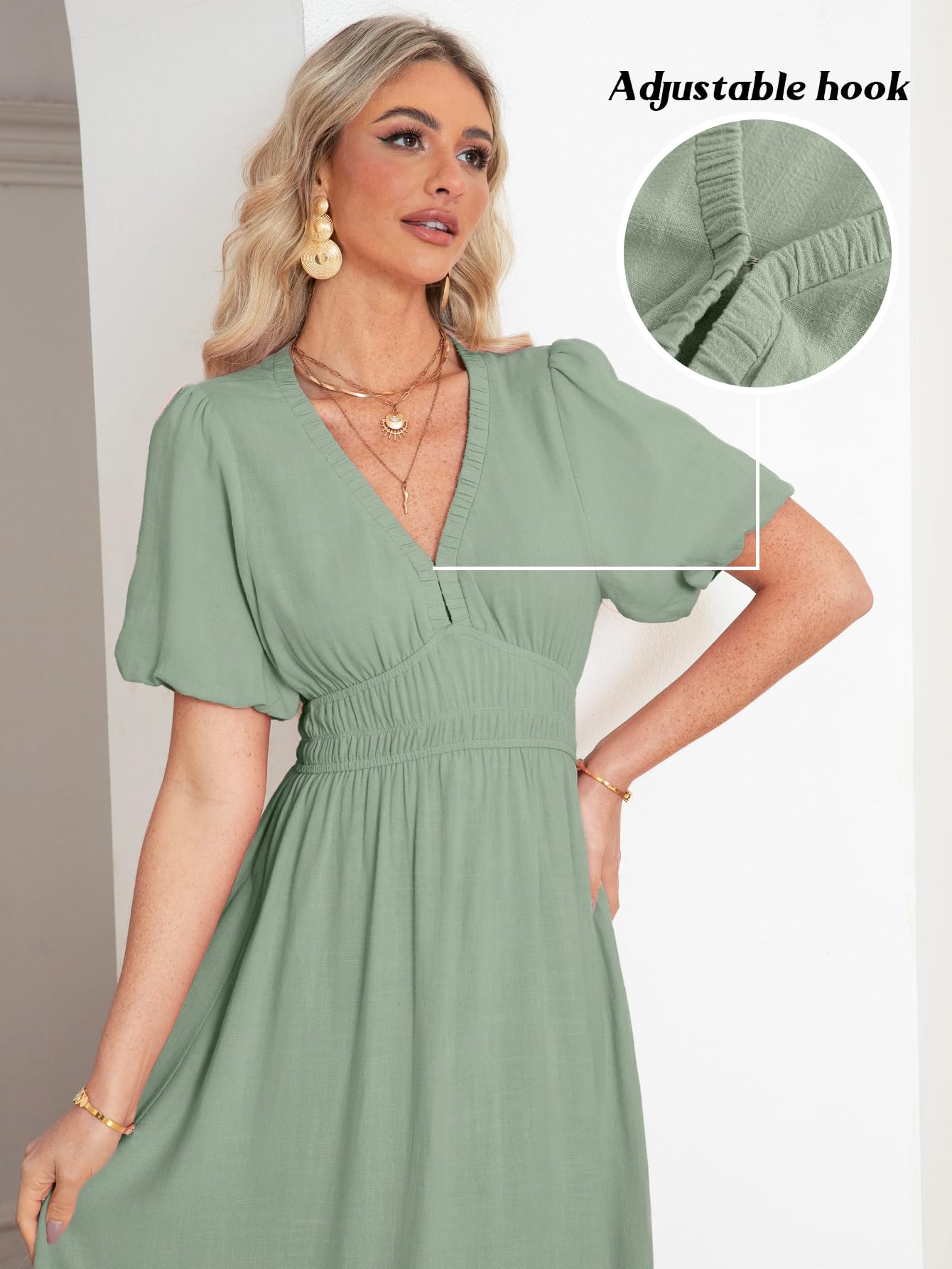Simplee Women's Summer Boho Maxi Dress - Casual V-Neck Puff Sleeve Flowy Linen Dress for Beach, Wedding Guest & Vacation | Perfect for Outdoor Parties, Date Nights and Summer Getaways