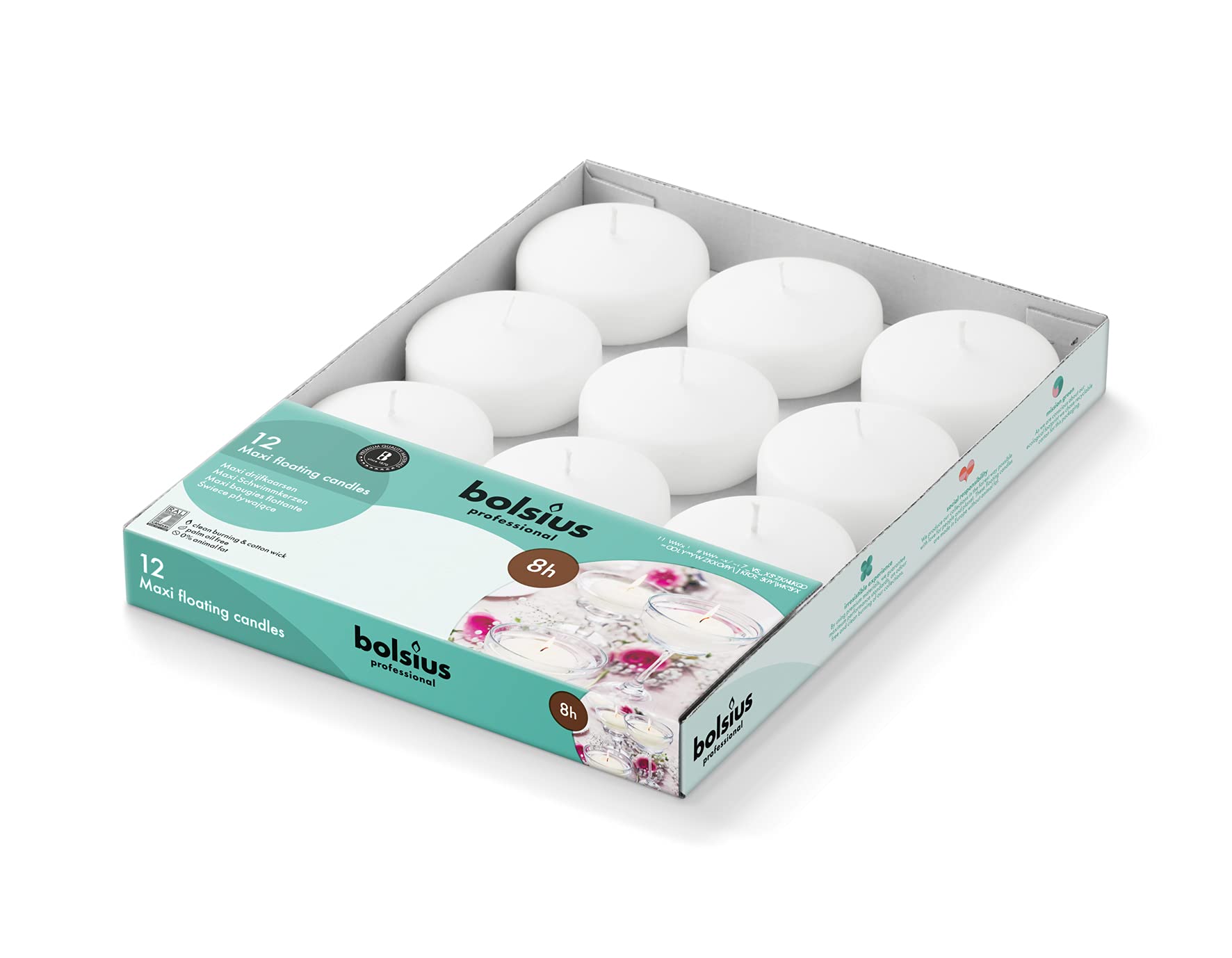 BOLSIUS White Floating Candles 3 Inch - Set of 12 Long-Lasting Candles - 8 Hour Clean Burn - Vegan Palm Oil Free - Premium European Wax - Perfect for Weddings, Spa, Bath & Home Decor
