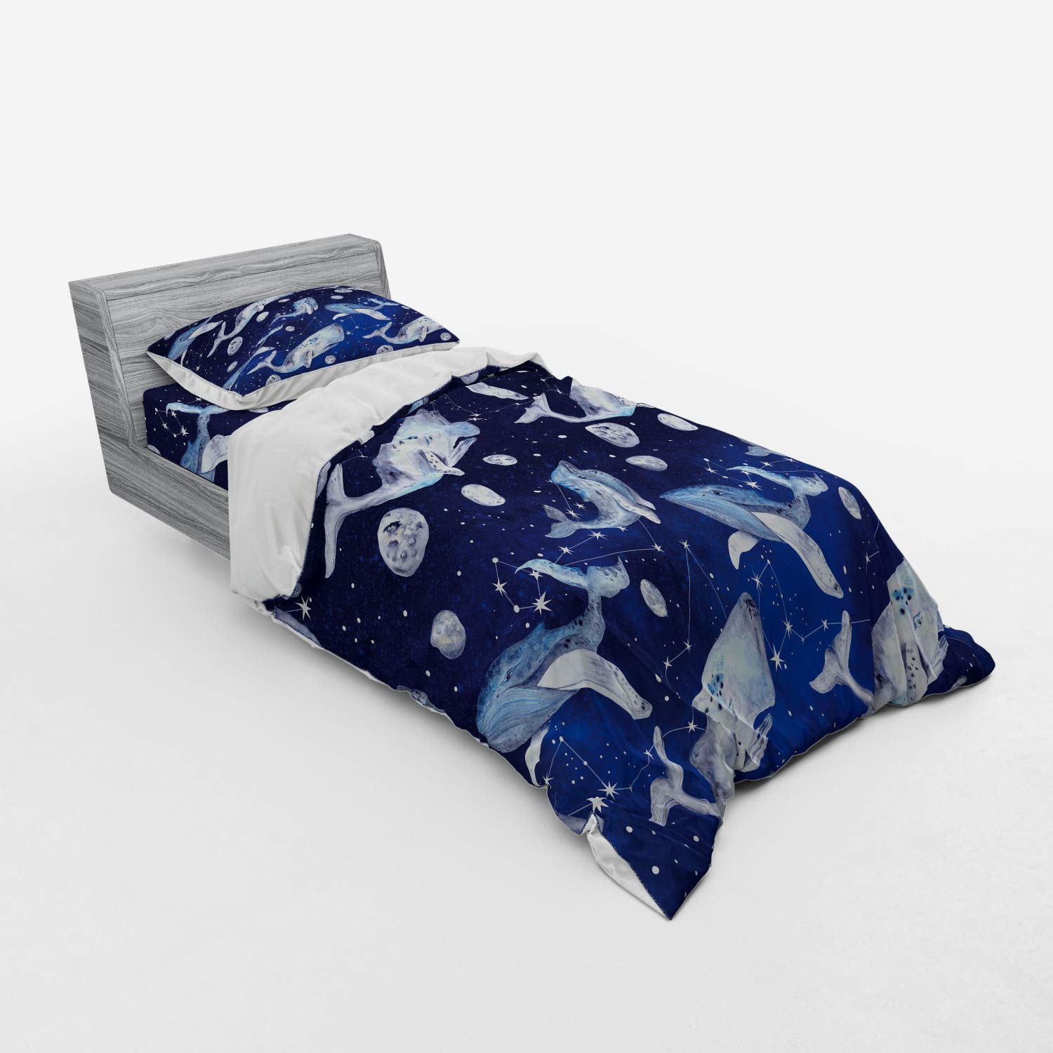 Ambesonne Whale Bedding Set - 3 Piece Duvet Cover with Sham & Fitted Sheet, Twin Size, Navy Purple Grey - Outer Space Cosmos Design with Whales, Fishes & Planets - Perfect for Kids Room, Teen Bedroom & Space Themed Decor
