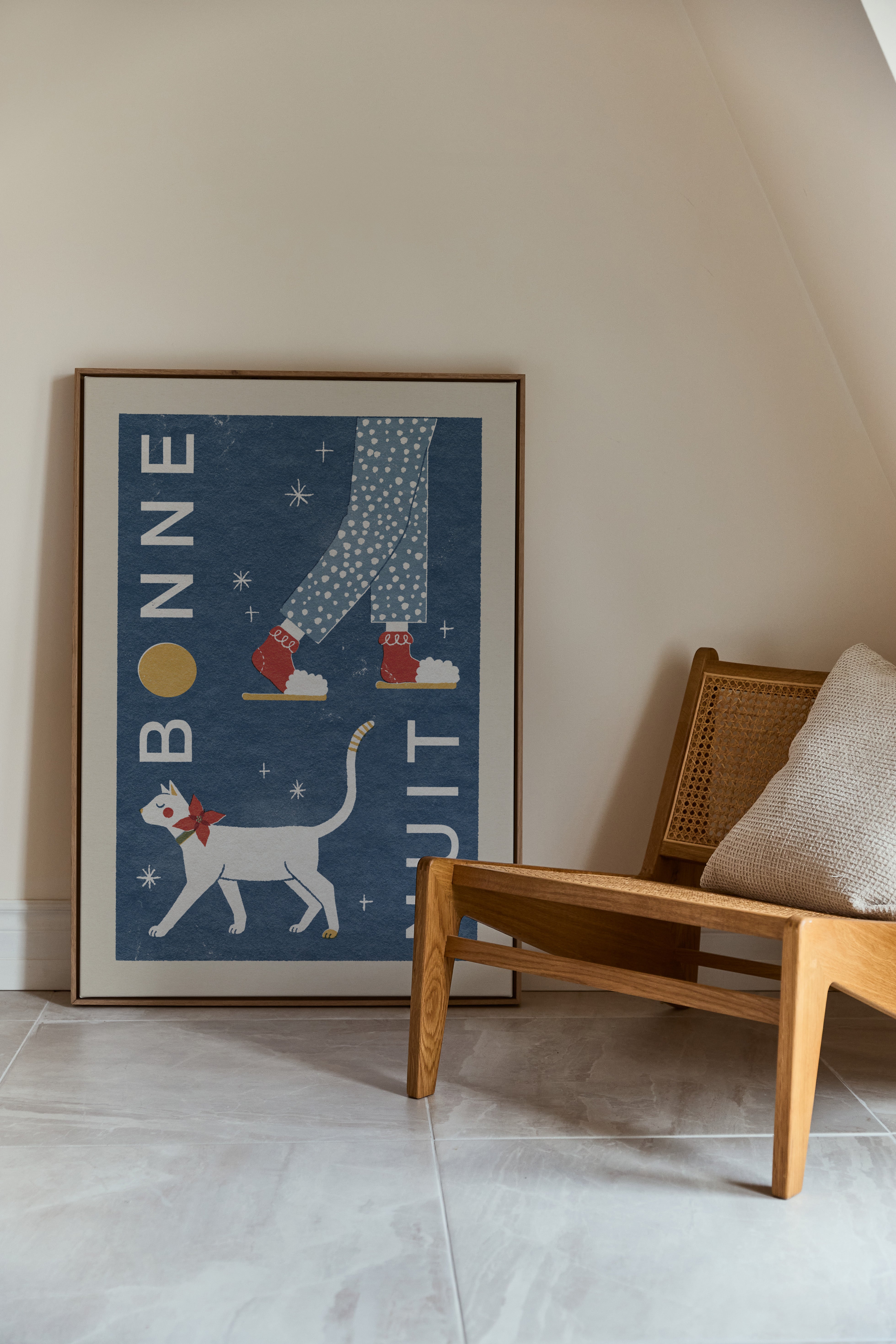 Bonne Nuit Kitty Canvas Wall Art - Cute Cat Painting for Nursery, Bedroom & Living Room Decor - Perfect Gift for Cat Lovers