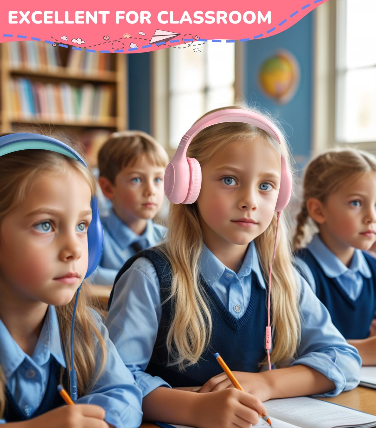 Upgrade USB Type C Kids Headphones with Microphone - Adjustable 85dB/94dB Volume Limited Wired Headphones for Boys & Girls (Pink) - Perfect for Online Learning, Gaming, and Travel