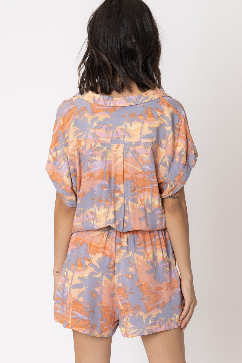 Sunset Palms Short Sleeve Romper - Women's Floral Summer Jumpsuit for Beach Vacation & Tropical Outfit