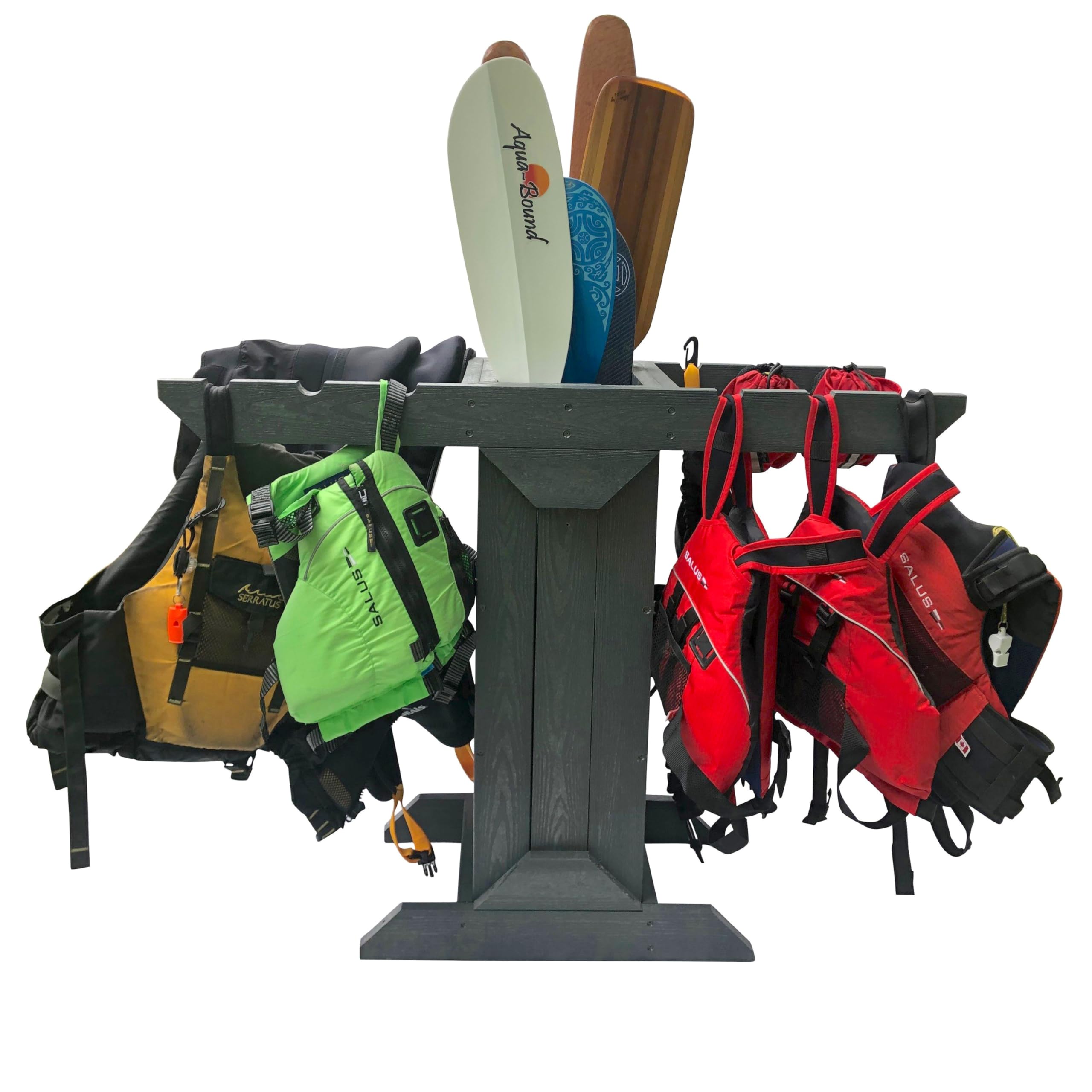 Recycled Poly PFD and Paddle Storage Rack - Freestanding Kayak SUP Canoe Organizer for Garage, Boat House, Dock - Indoor Outdoor Water Sports Gear Storage Solution for Kayaking, Paddleboarding & Canoeing