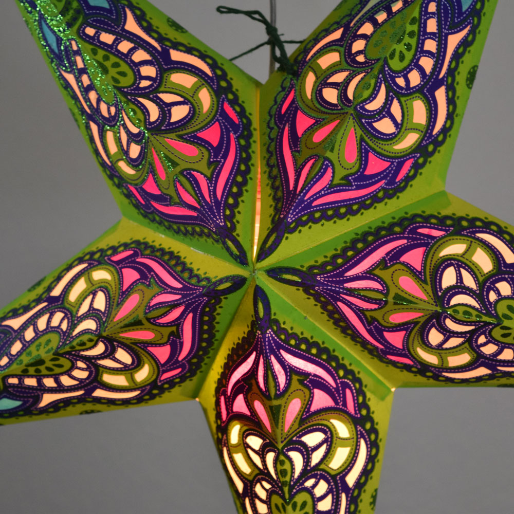 24 Pack Green & Purple Meditation Glitter Paper Star Lanterns - Hanging Decorative Lights for Yoga Studio, Bedroom, Party Decor
