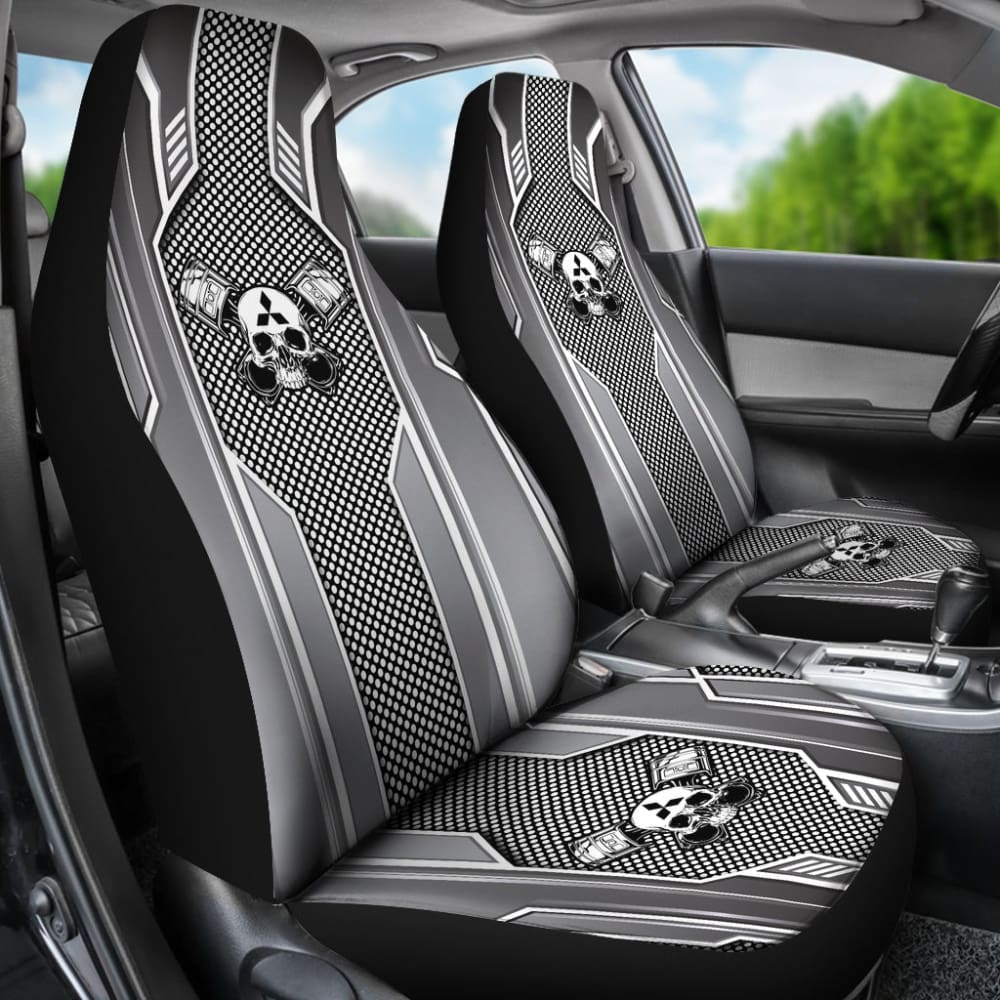 Premium Black & White Skull Print Mitsubishi Car Seat Covers - Durable Mechanic Style for Mitsubishi Vehicles - Perfect for Car Enthusiasts & Custom Car Interiors