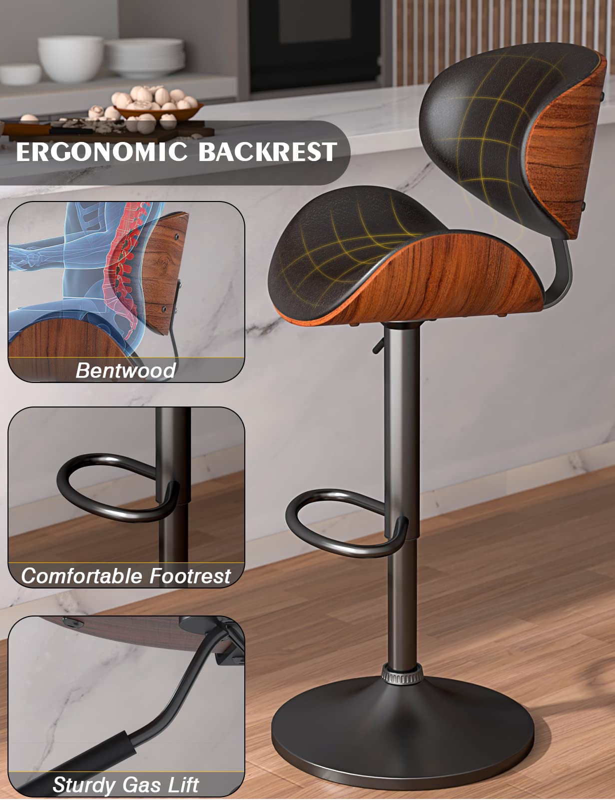 2 Pack Adjustable Swivel Bar Stools with Backrest & Footrest - Modern PU Leather Upholstered Bentwood Bar Chairs for Kitchen Counter, Dining Room & Home Bar - Perfect for Entertaining, Breakfast Nooks & Kitchen Islands (Black)