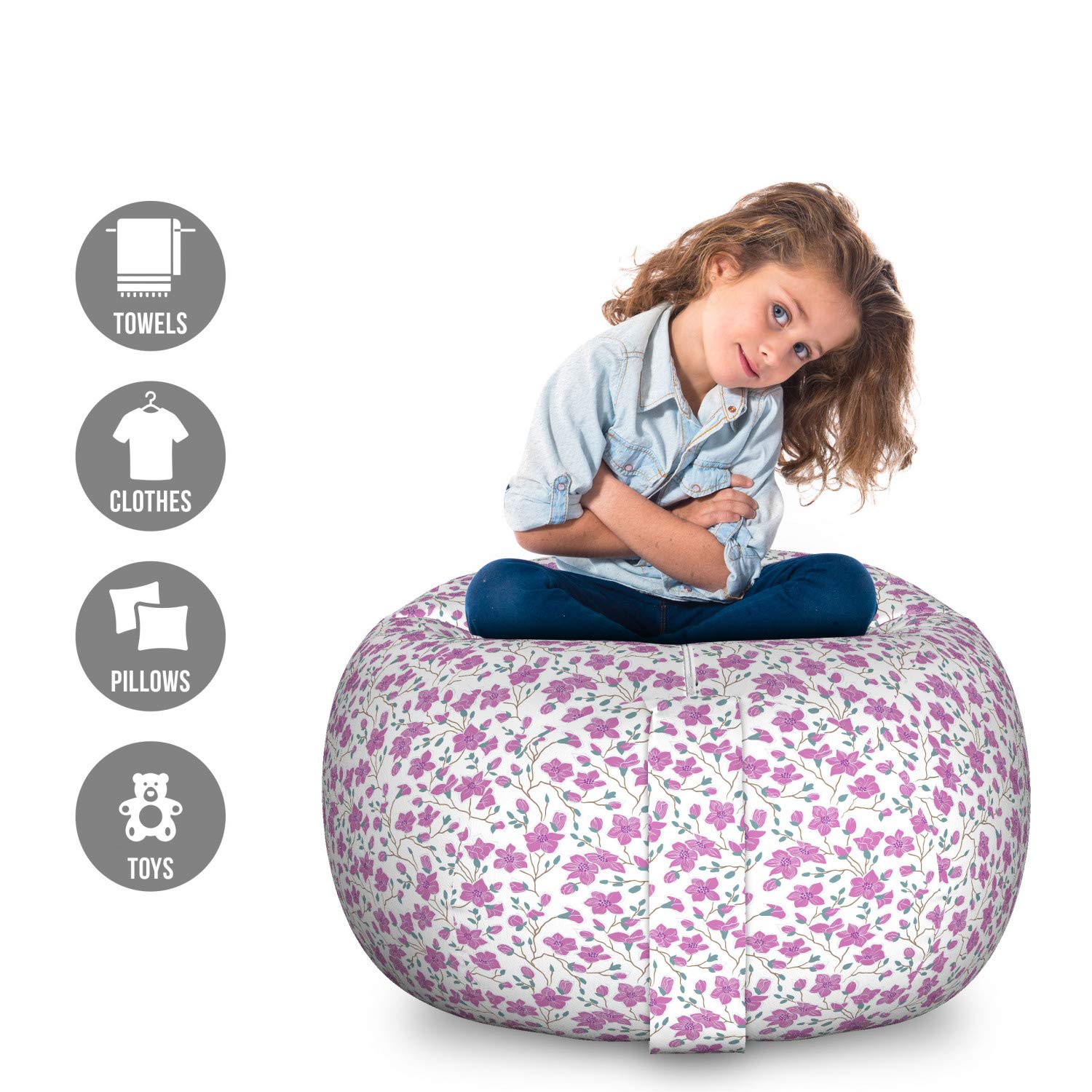 Ambesonne Floral Storage Toy Bag Chair - Large Washable Stuffed Animal Organizer with Bloomed Pink Magnolia Flowers Design, Almond Green Fuchsia - Perfect for Kids' Room, Nursery, Playroom & Home Organization