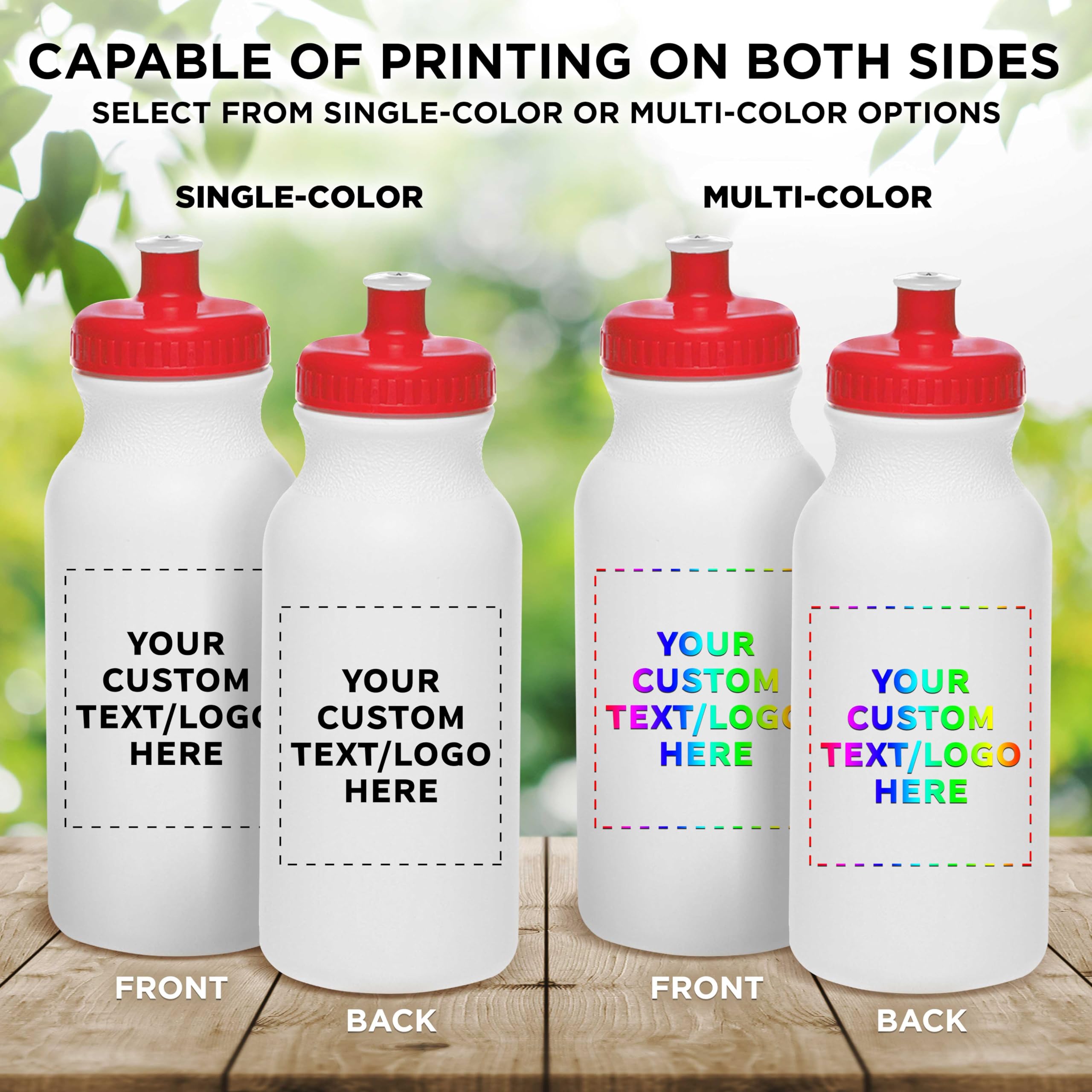 Custom White Water Bottles with Push Cap - 50 Pack | Personalized Text & Logo | 20 oz BPA-Free Reusable Squeezable Bottles in Bulk (White/Red) - Perfect for Corporate Gifts, Sports Teams, and Promotional Events