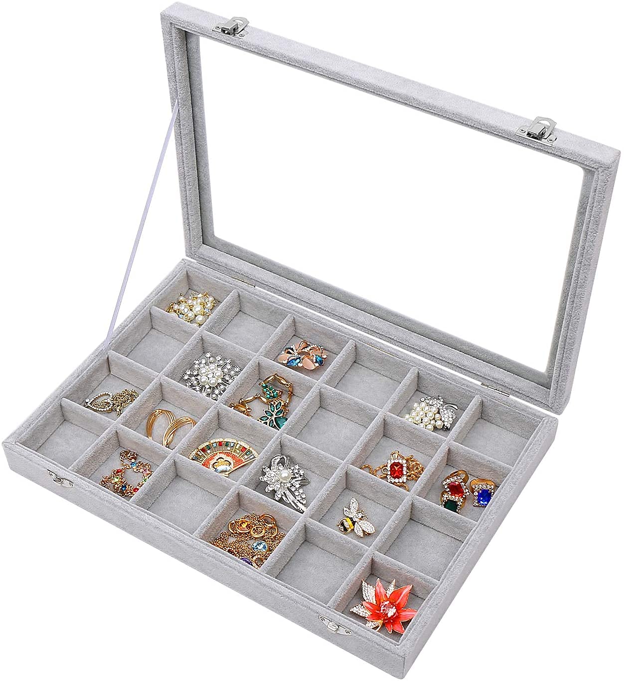 Portable Jewelry Box with Clear Lid - 24 Grid Velvet Organizer Tray for Rings, Earrings & Necklaces - Lockable Storage Case - Perfect Gift for Women & Girls - Ideal for Travel, Home Organization & Gift Giving