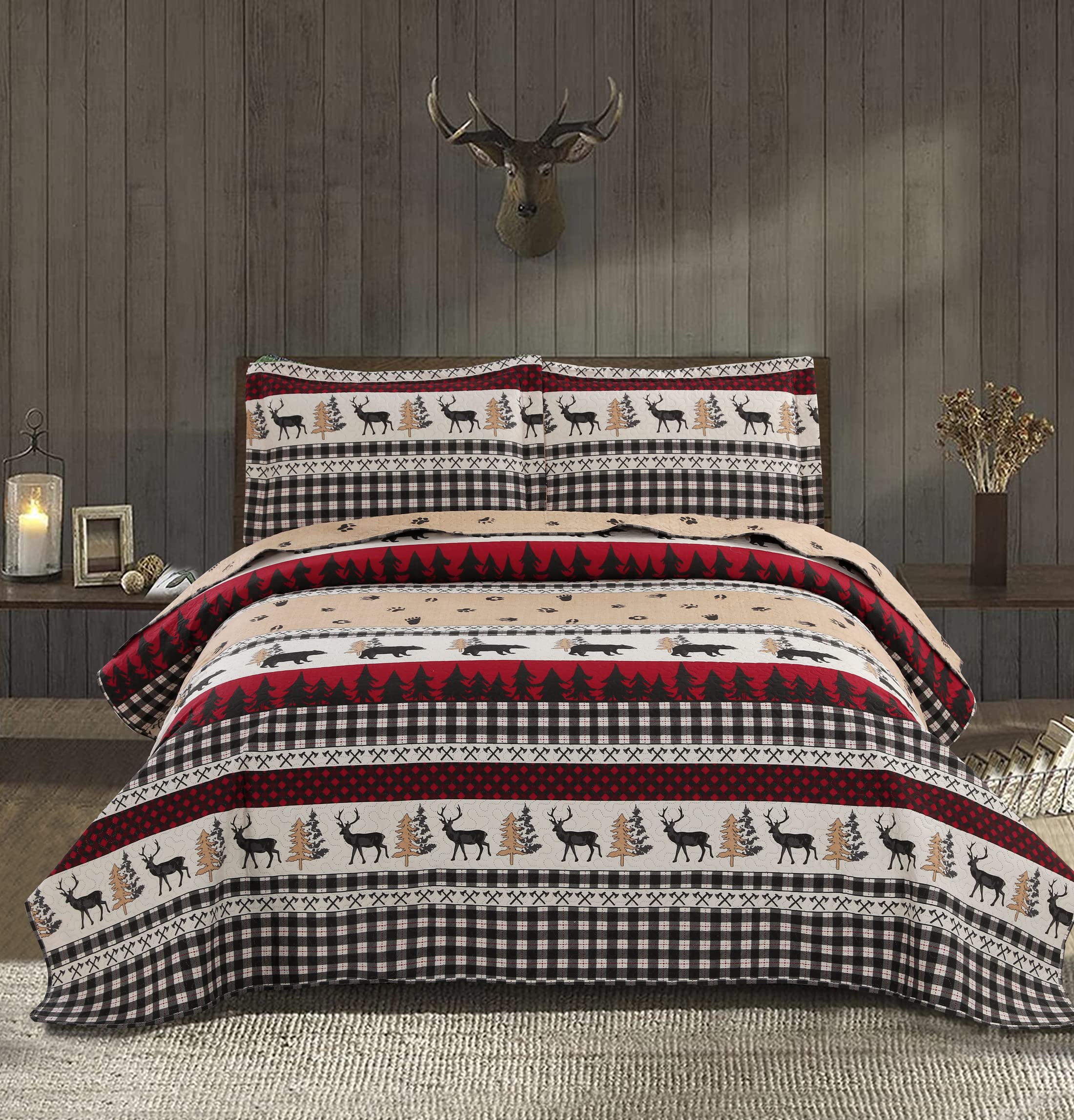 **Rustic Reversible Quilt Set Queen/Full Size - Buffalo Plaid Black & White Bedspread, Lightweight Coverlet with Moose & Bear Design - Perfect for Cabin, Lodge, or Farmhouse Bedroom Decor**