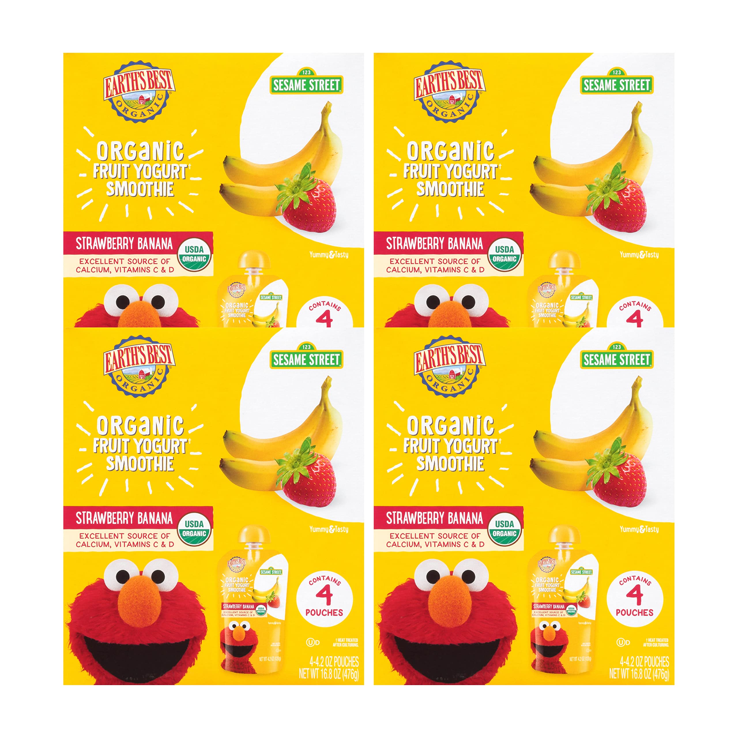 Earth's Best Organic Toddler Snacks - Sesame Street Yogurt Smoothie Pouches for Kids 2+ Years | Strawberry Banana Flavor | 4.2oz Resealable Packs (16 Count) | Healthy On-the-Go Snack for Daycare, Travel & Lunchboxes