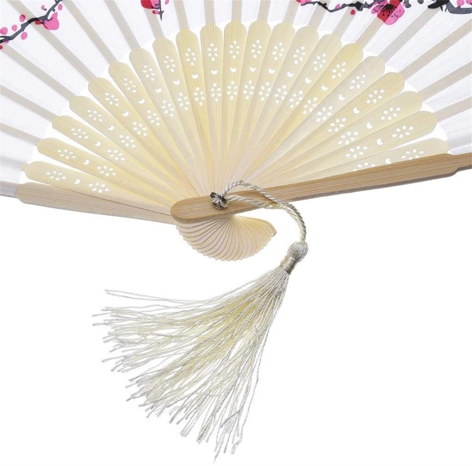 Chinese Style Folding Hand Fan - Beautiful Plum Blossom Printed Bamboo Handheld Fan with Tassel, 8.3 Inch Elegant Home Decor & Wedding Accessory | Perfect for Asian Weddings, Tea Ceremonies, Home Decoration and Summer Cooling