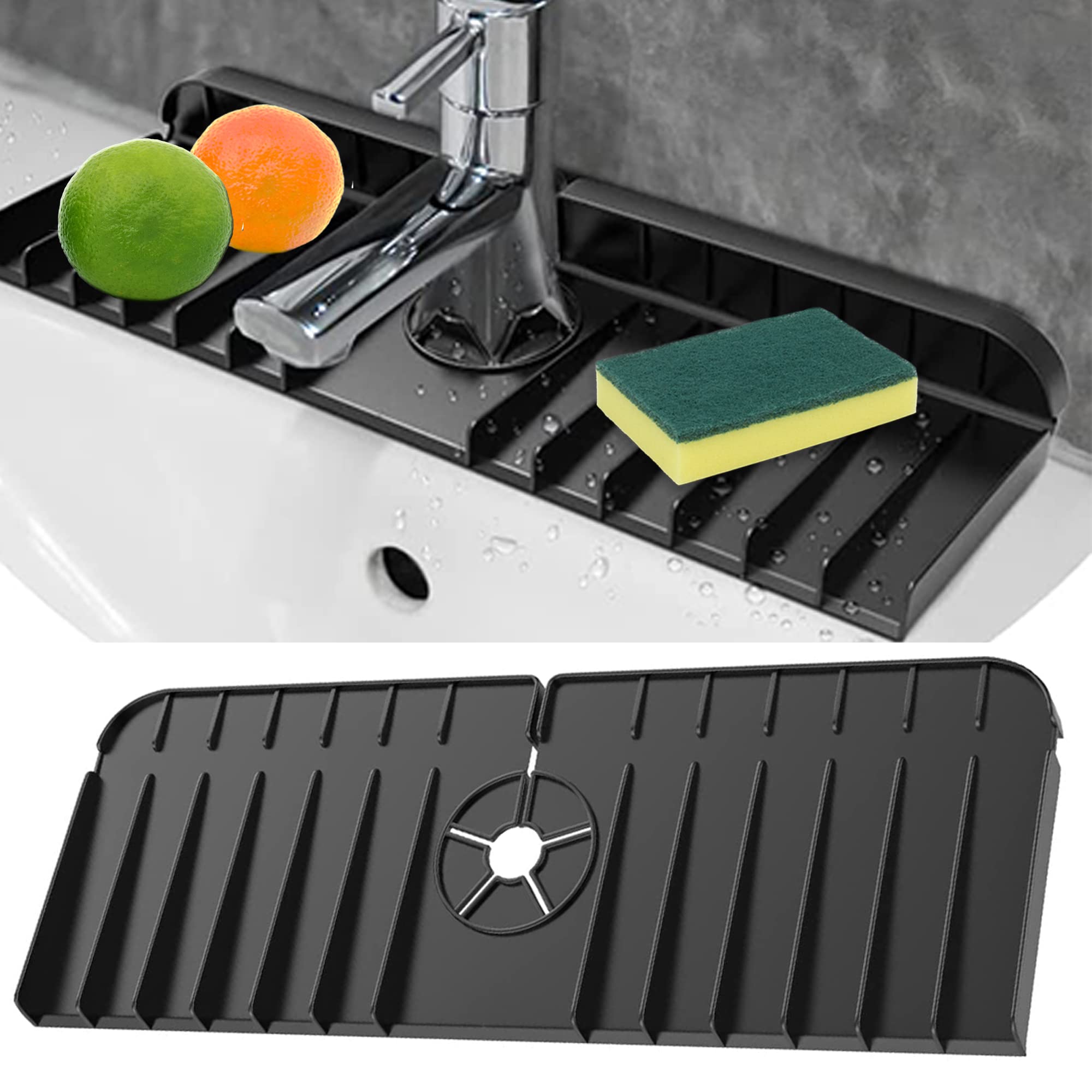Premium Silicone Faucet Handle Drip Catcher Tray - Non-Slip Sink Protector, Sponge Holder & Splash Guard for Kitchen | Upgraded Ramp Design for Quick Water Drainage | Perfect for Kitchen Organization & Countertop Protection (Black)