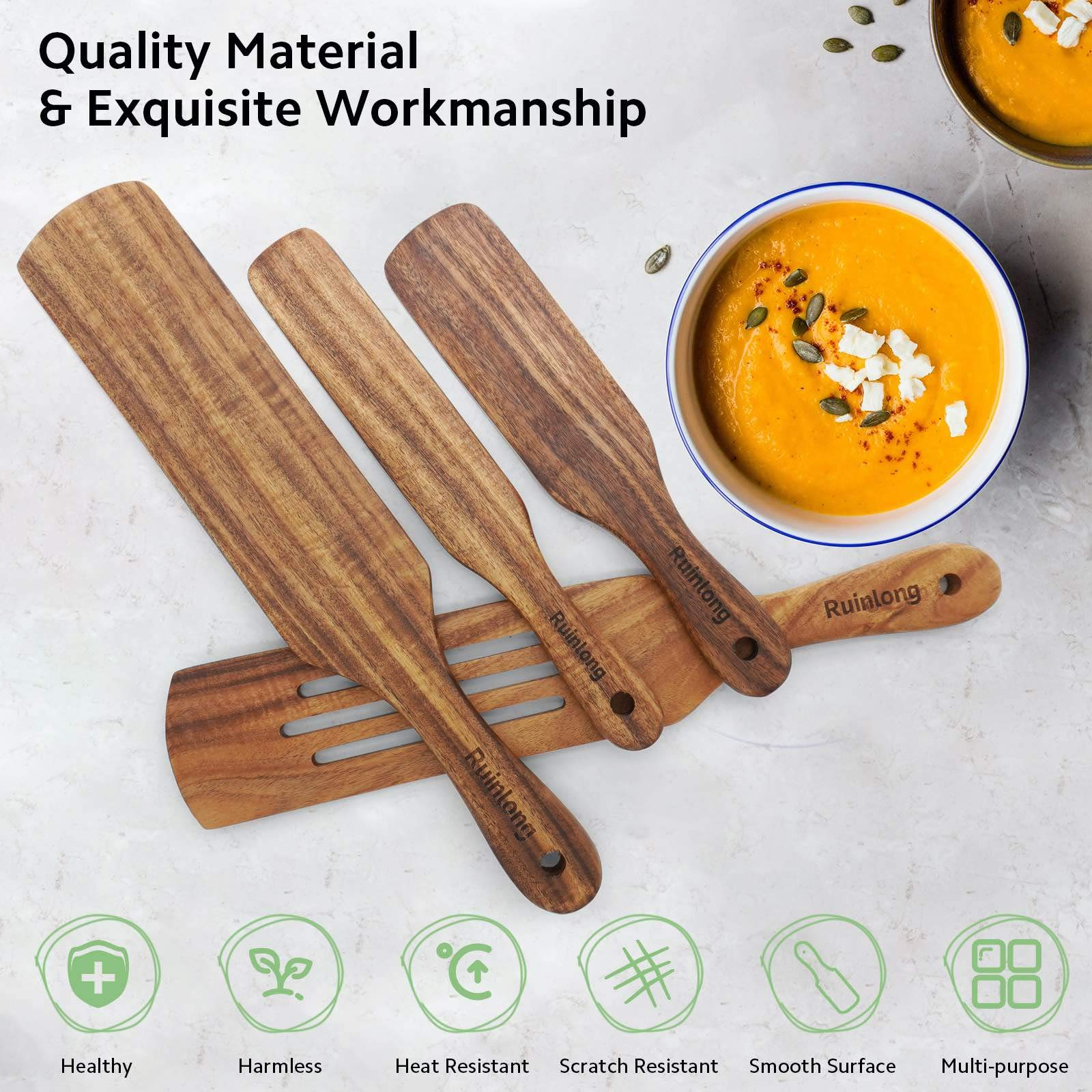 4-Piece Teak Wooden Kitchen Utensil Set - Wooden Spatula, Spoon & Cooking Tools for Baking, Stirring & Serving - Durable & Easy to Clean for Everyday Cooking & Gift Giving