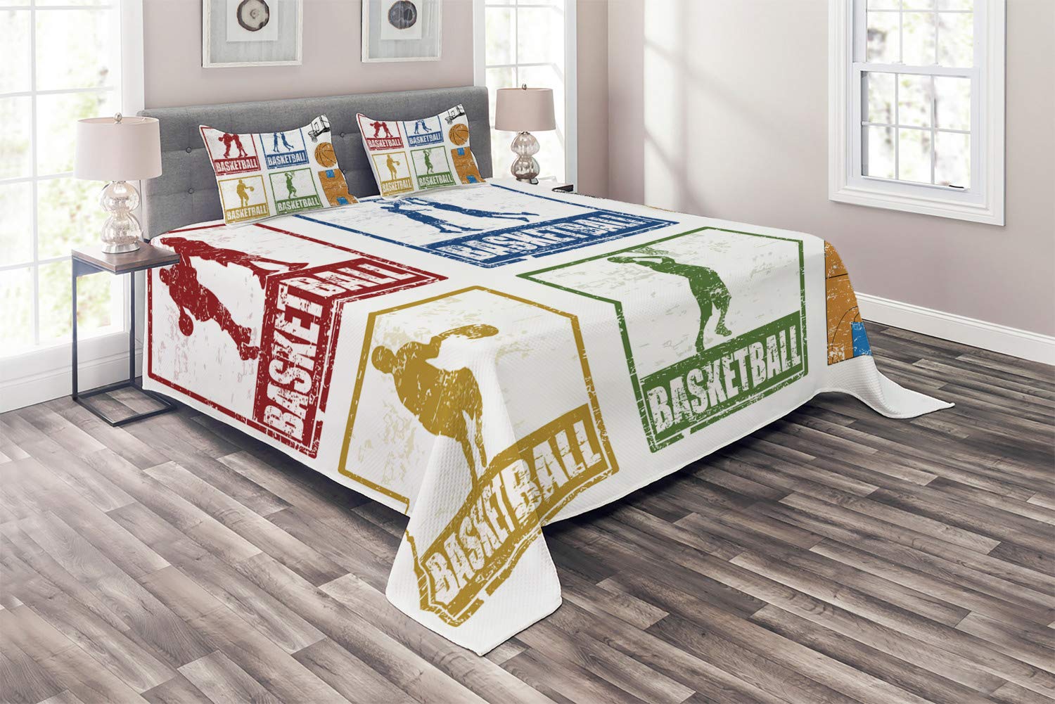 Vintage Style Basketball Players Quilted Bedspread Set - 3 Piece King Size Coverlet with 2 Pillow Shams, Navy Green Red Rubber Stamp Design - Perfect for Sports Fans Bedroom Decor & Gift for Basketball Lovers