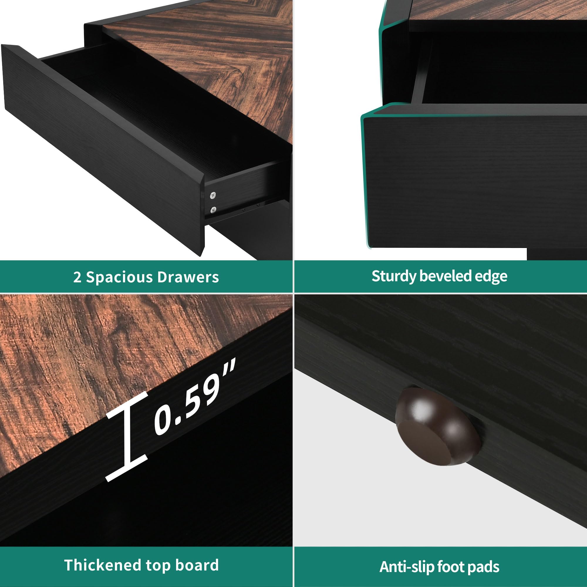 YITAHOME Farmhouse Square Coffee Table with LED and Storage - Modern Wood Living Room Table with 2 Drawers in Black & Brown - Perfect for Small Spaces, Apartments, and Cozy Home Decor