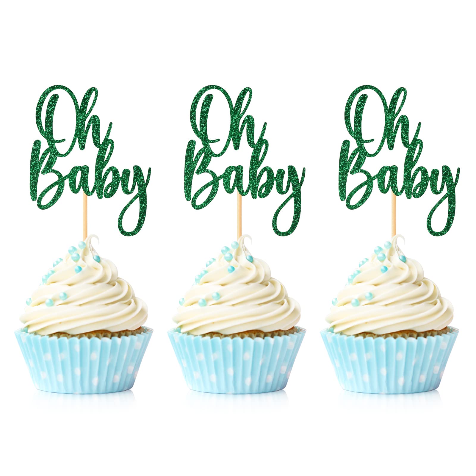 24-Piece Oh Baby Cupcake Toppers - Green Glitter Baby Shower Cake Decorations for Boys & Girls Birthday Parties | Gender Reveal, 1st Birthday, Newborn Celebration Decor