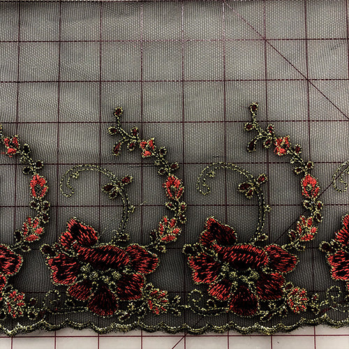 9 Inch Reversible Non-Metallic Tulle Trim with Red Embroidered Flowers - Perfect for Wedding Decor, DIY Crafts, and Costume Accessories