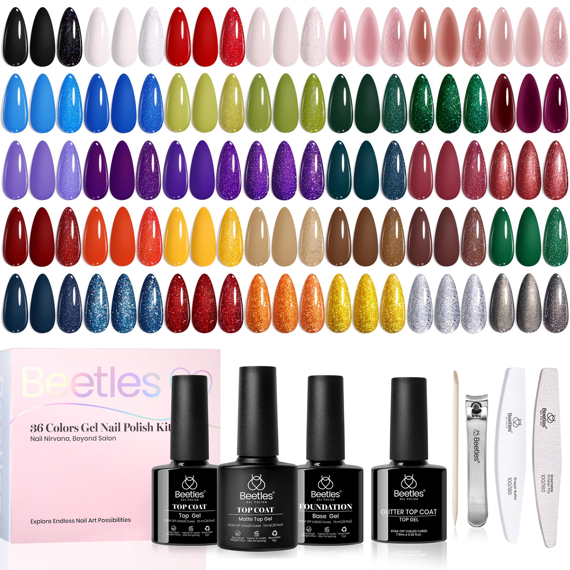 36 Colors Beetles Gel Nail Polish Kit with Base Coat, Glossy Matte & Glitter Top Coat - White Jelly Blue Mystic Wonderland Collection - Perfect for DIY Manicures, Nail Art, Salon Use & Gift for Women