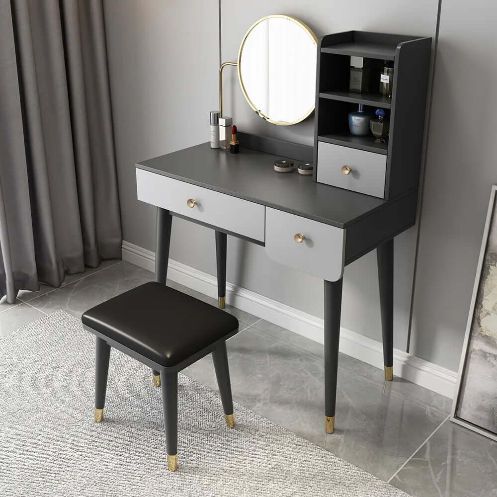 Ultic 2-Piece Minimalist Makeup Vanity Set with Mirror & Stool - Walnut Finish | Perfect for Bedroom, Dressing Room & Small Space Organization
