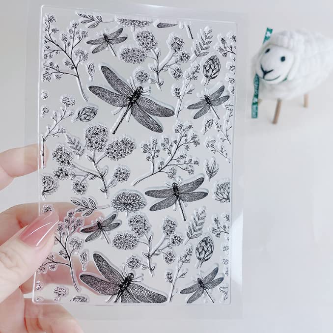 NZJ Spring Flower Grass Corner Dragonfly Clear Stamps for Card Making, DIY Scrapbooking & Paper Crafts - Transparent Rubber Stamps with Nature Design (Perfect for Greeting Cards, Journals, Invitations)