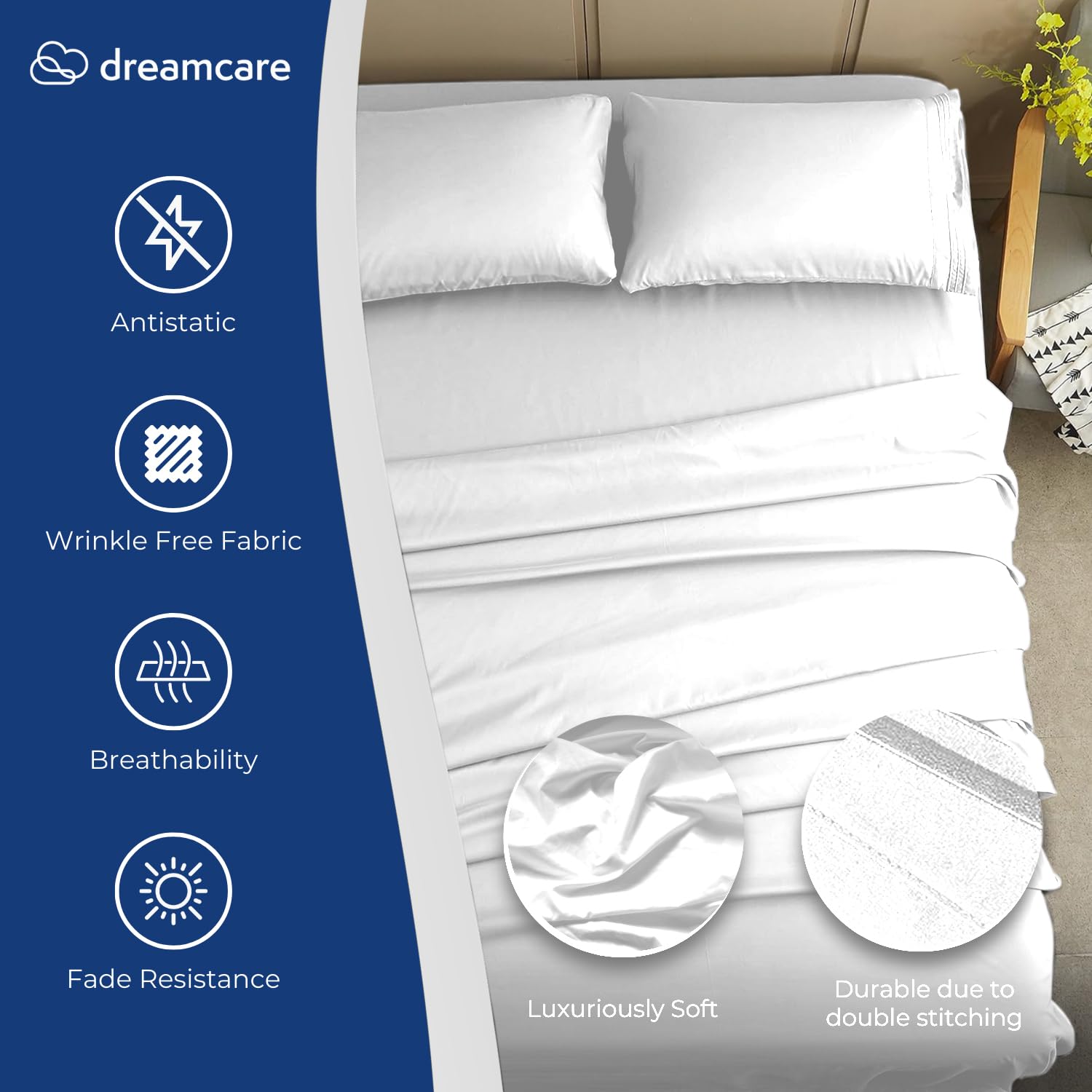 Dreamcare Cooling Full Size Sheet Set - 4pc Soft 100% Brushed Polyester Bed Sheets with Deep 15
