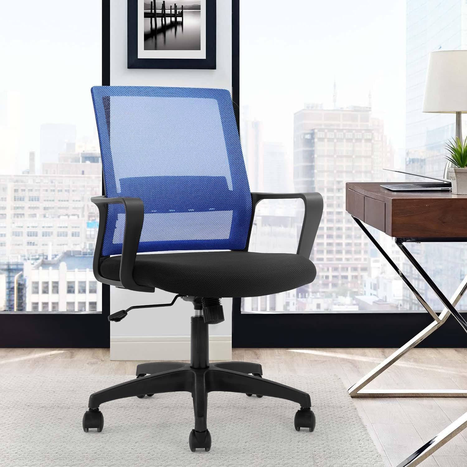 Ergonomic Office Chair with Lumbar Support - Adjustable Mesh Computer Desk Chair, Mid-Back Swivel Task Chair with Wheels & Armrests for Home Office, Modern Executive Chair (Blue) - Perfect for Long Work Hours, Gaming & Remote Work