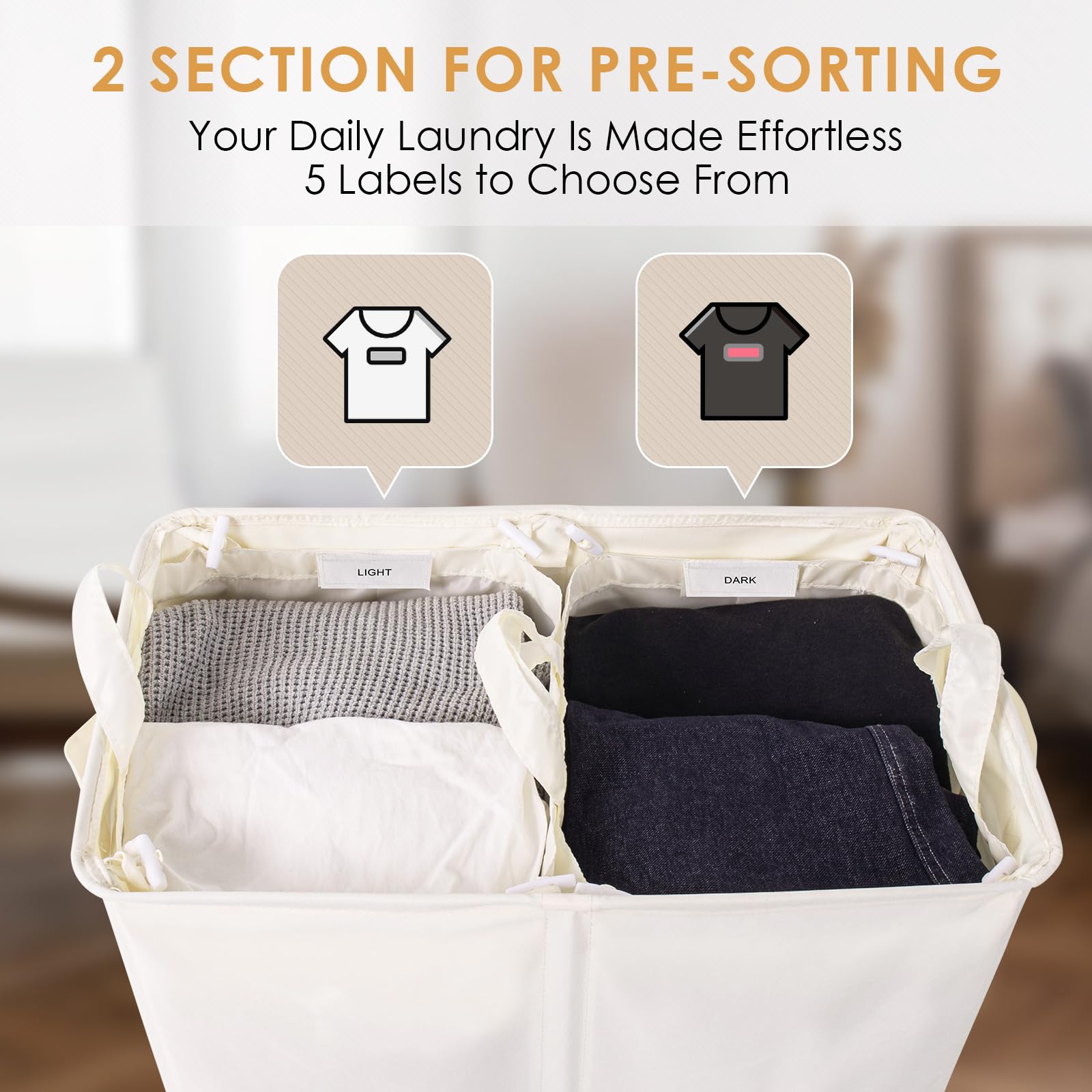 135L Double Laundry Hamper with Lid & Removable Bags - 2 Section Laundry Basket with Labels for Clothes Separation - Large Beige Laundry Organizer for Bedroom, Laundry Room & Dorm - Perfect for Family Laundry Sorting & Space Saving Storage