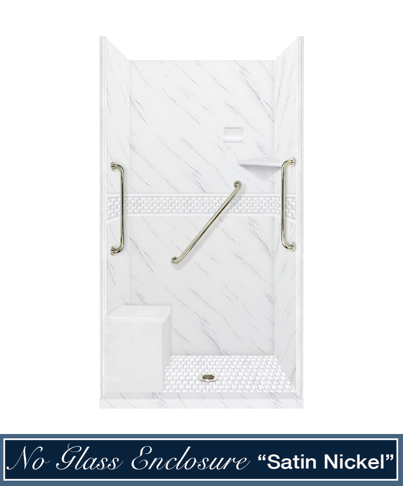 Freedom 60 Alcove Carrara Medici Marble & Jewel Stone Accent DIY Shower Remodel Kit - Luxury Bathroom Upgrade for Home Renovation & Spa-Like Shower Experience
